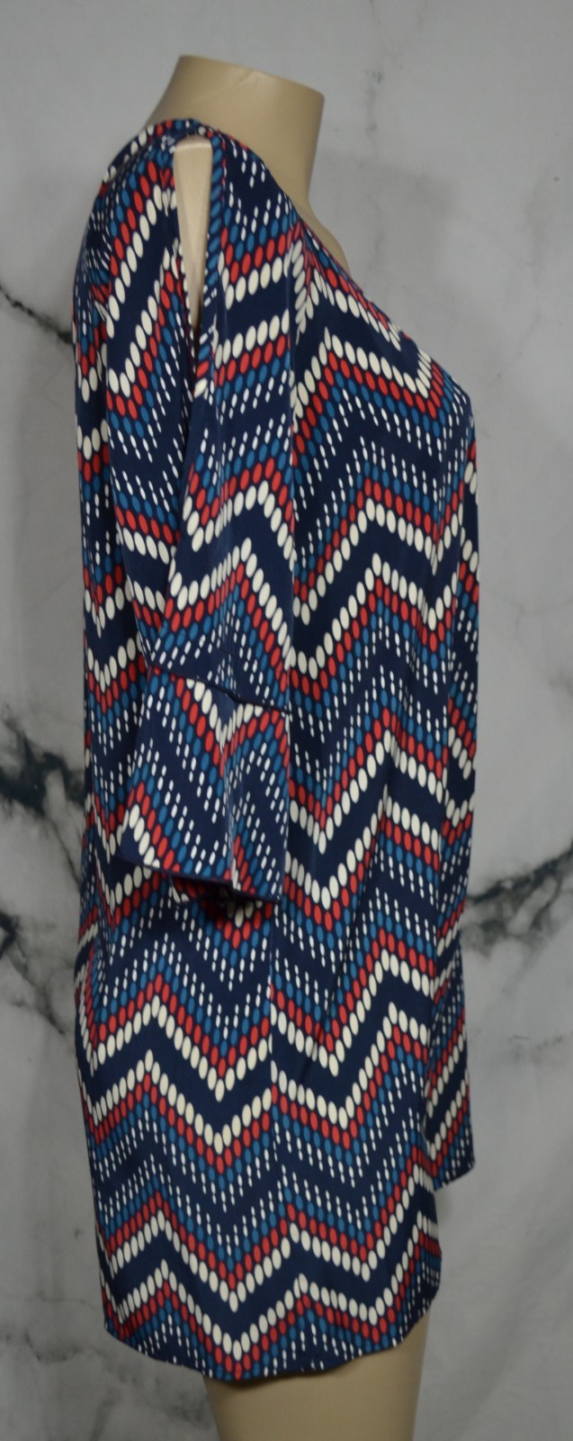 GLAM Black Beige Red Blue Oval Pattern Dress Medium 3/4 Split Flared Sleeves