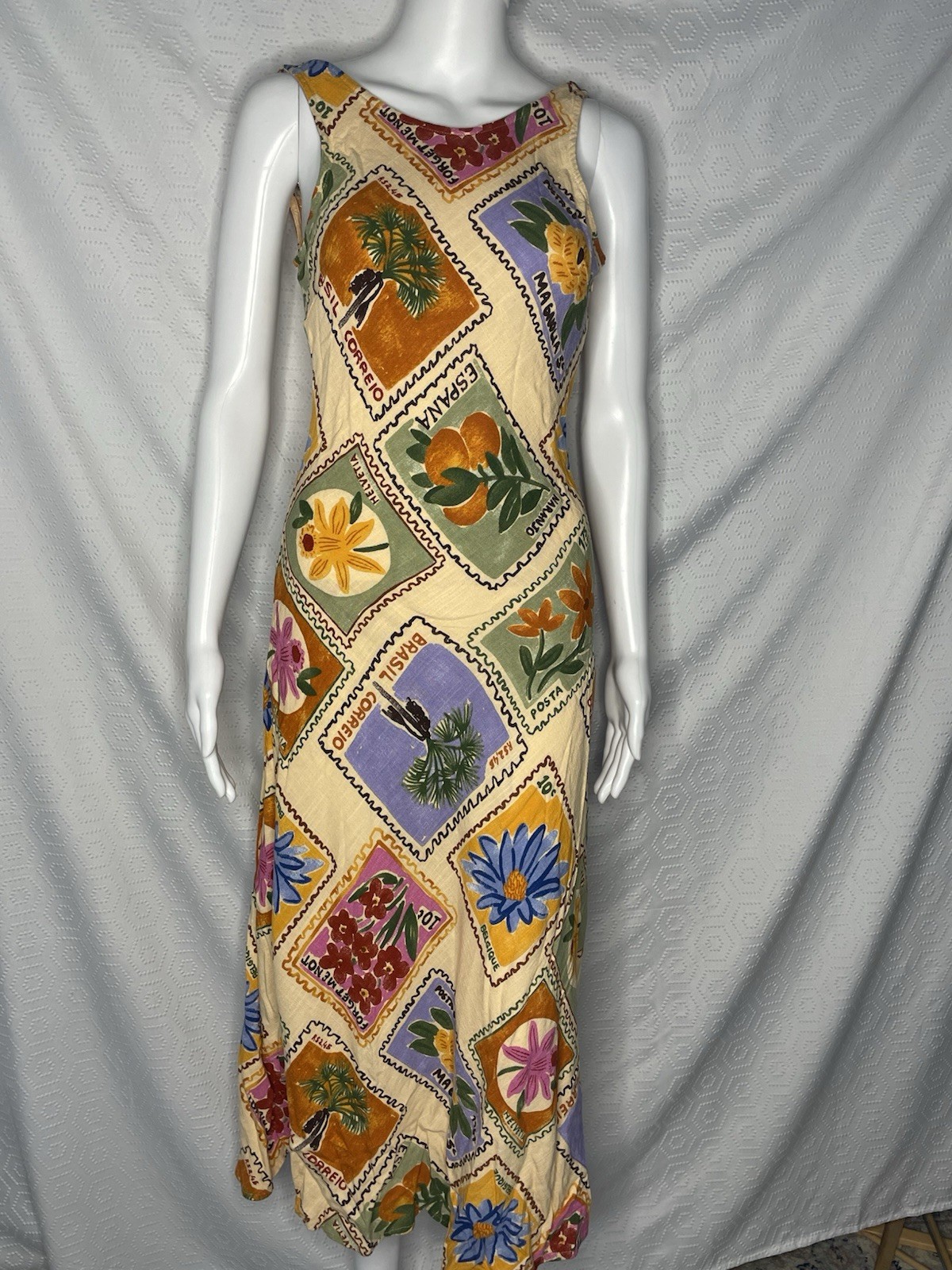 Paper Heart Anthropologie Stamp Floral Postcard Maxi Dress S Linen Blend Resort