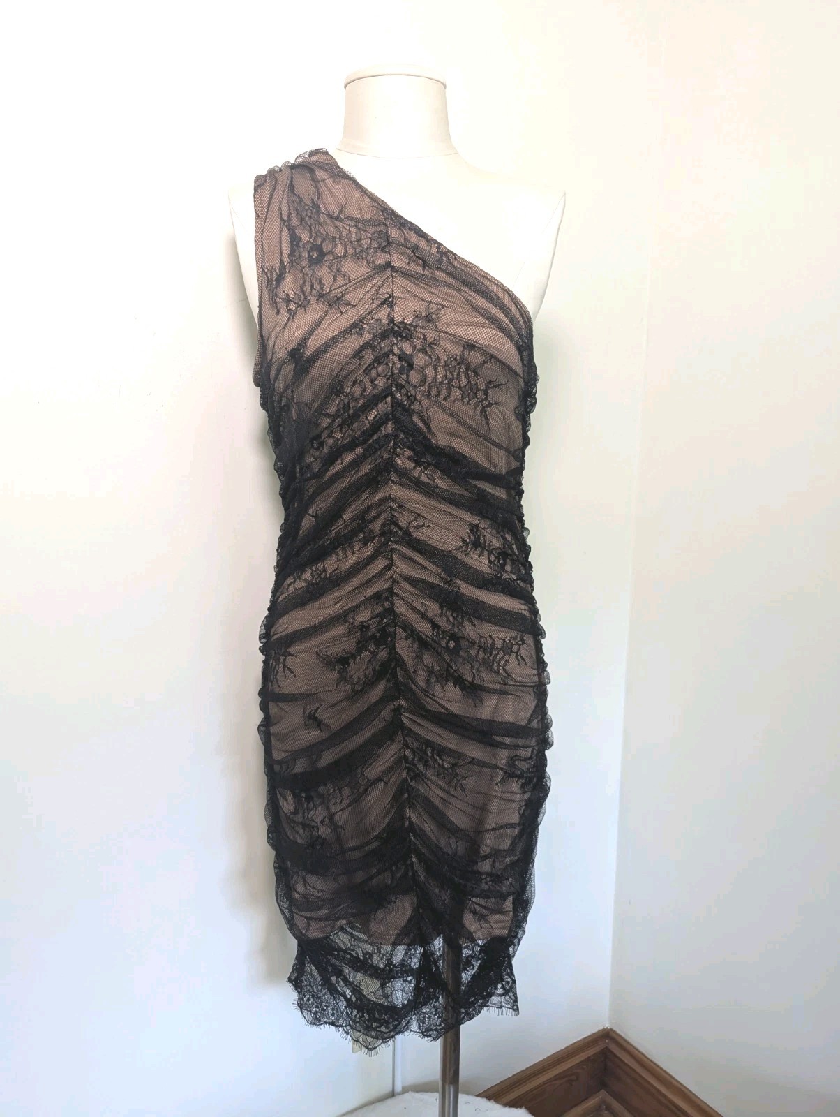 Unbranded Lace Overlay One-Shoulder Ruched Dress Gothic Romance, Party