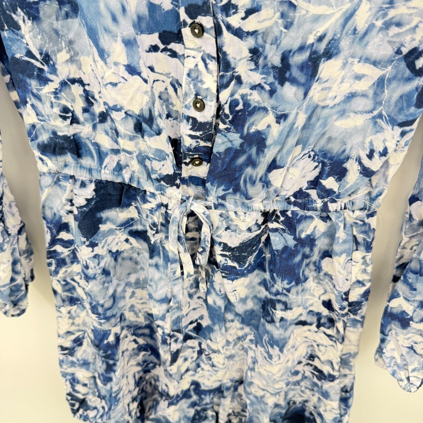 Madewell Blue White Floral Print V Neck Button Tie Waist Mini Dress Size 00