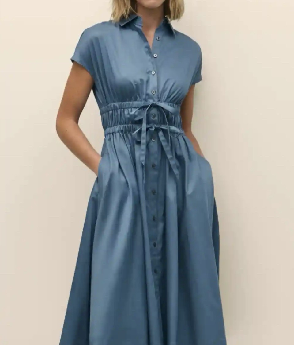 Brooks Brothers Shirt Midi Dress Smocked Tie Waist Belted Pleated Blue NWT $228