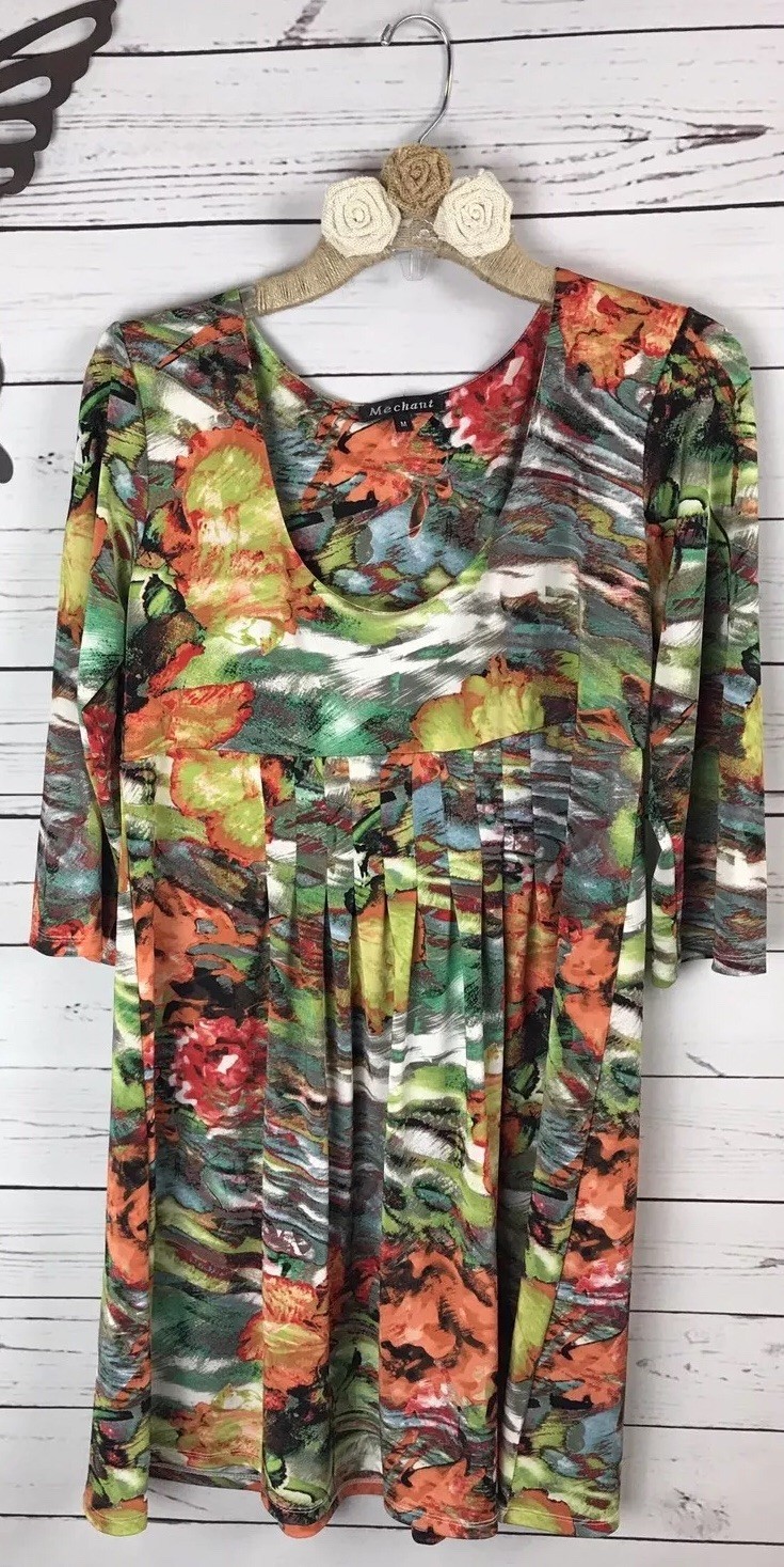 Mechant Dress Size Medium Floral Colorful Pleated Empire Style