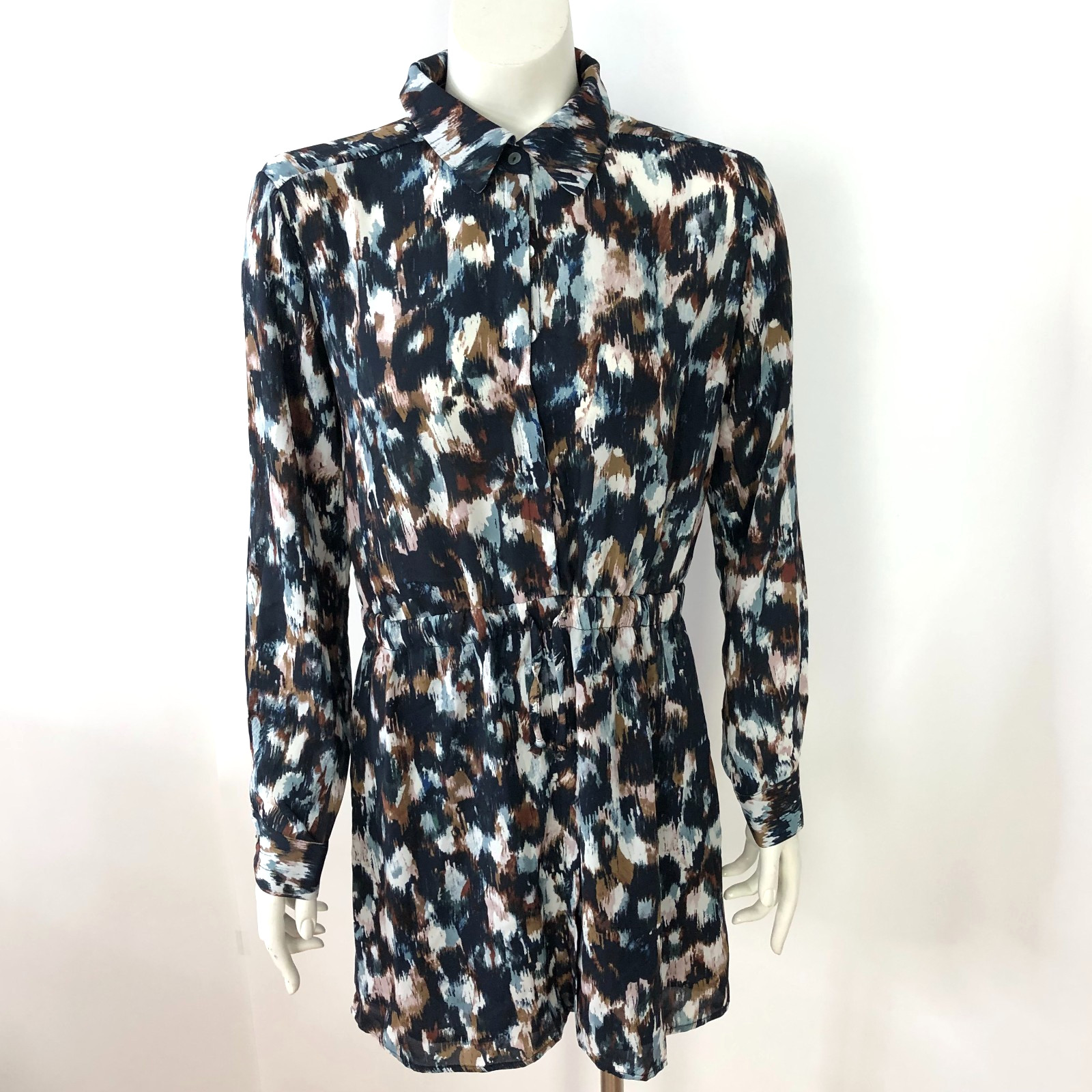 Olivaceous Large Collared Drawstring Knot Tie 100% Polyester Mini Dress Blue
