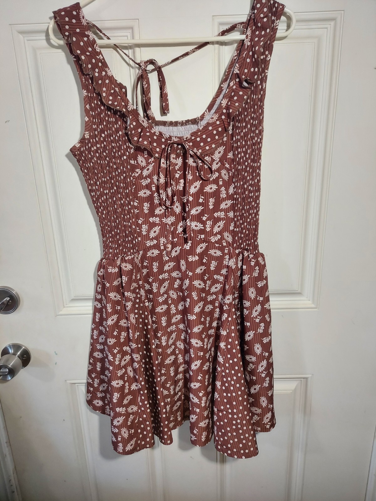 Chocolate Brown Floral Mixed Print Smocked Mini Dress Boho Cottagecore M