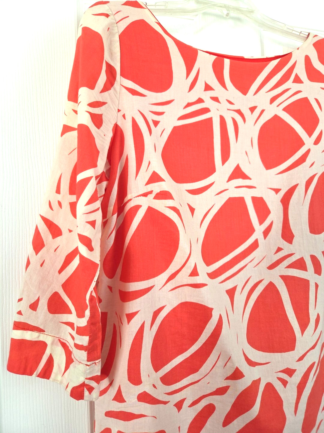 Lesley Evers Geometric Swirl 3/4 Sleeve Shift Dress Coral Pink Ivory Beach sz M