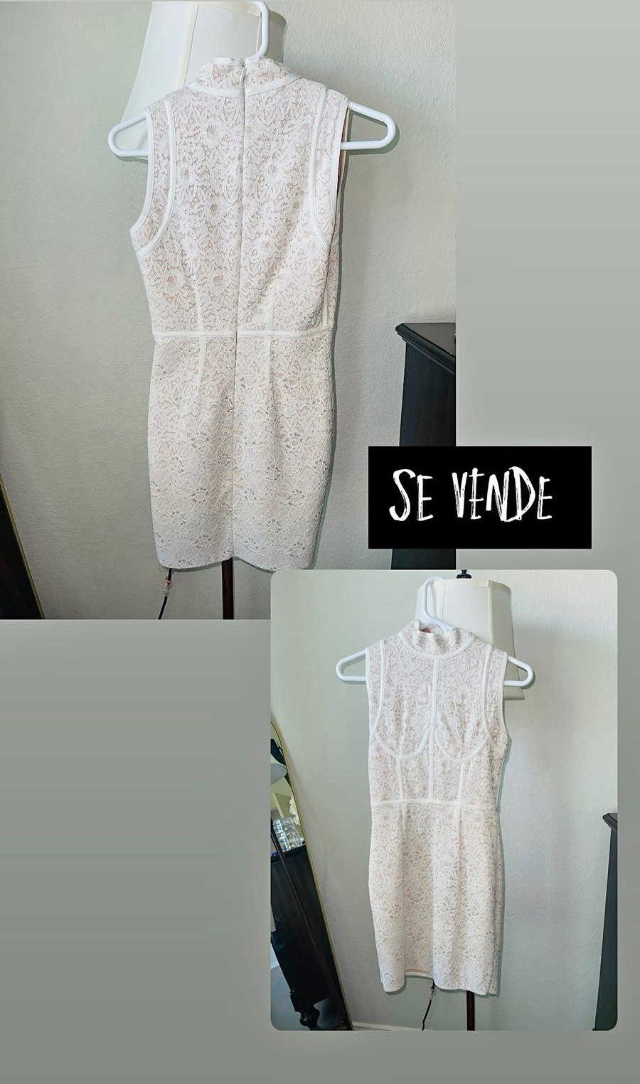 Women’s White Floral Lace High Neck Sleeveless Mini Dress, Size S, Zip