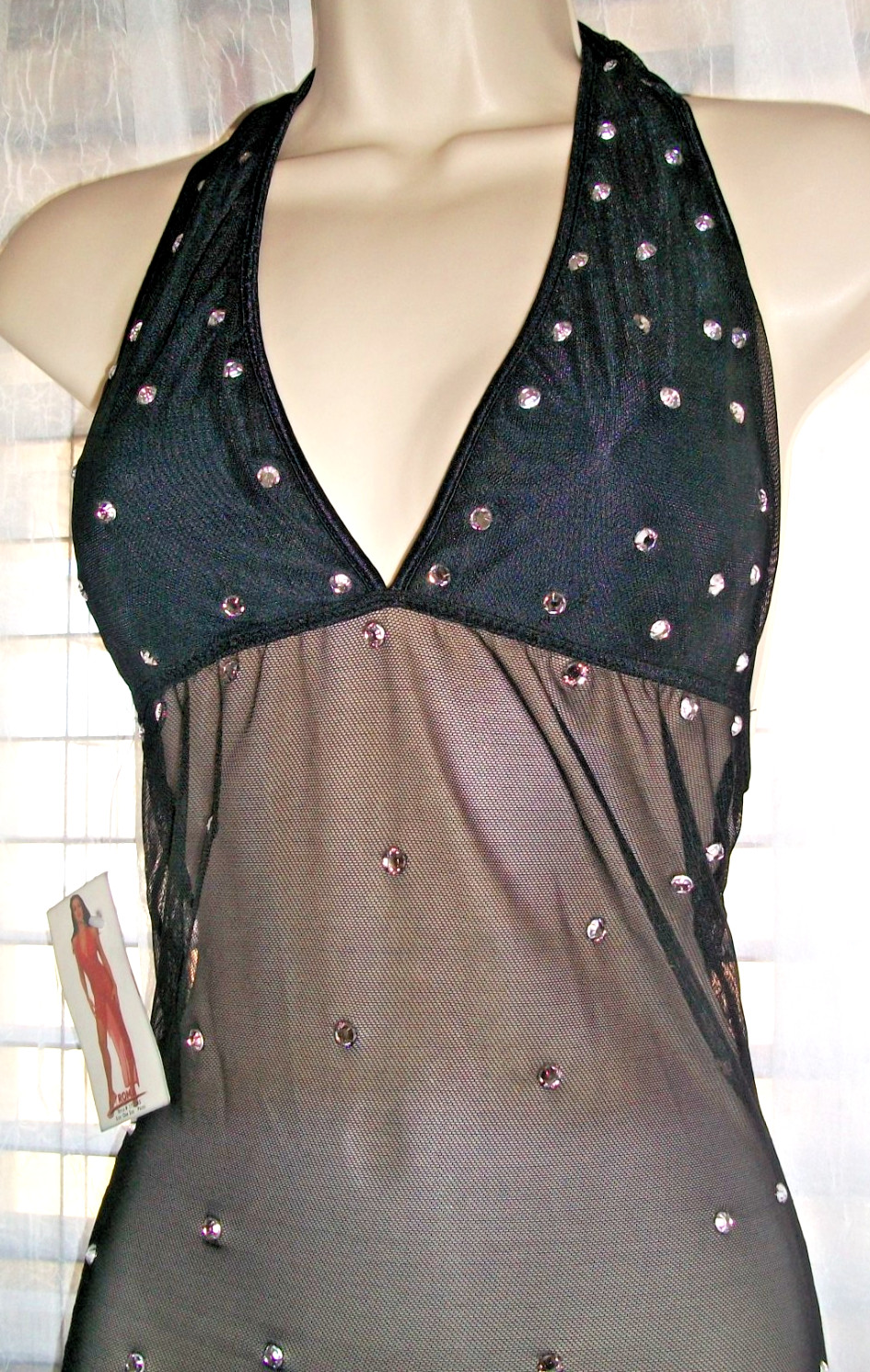 ROMA HOLLYWOOD S/M SHEER STRETCH BLACK NET RHINESTONE PARTY HALTER DRESS