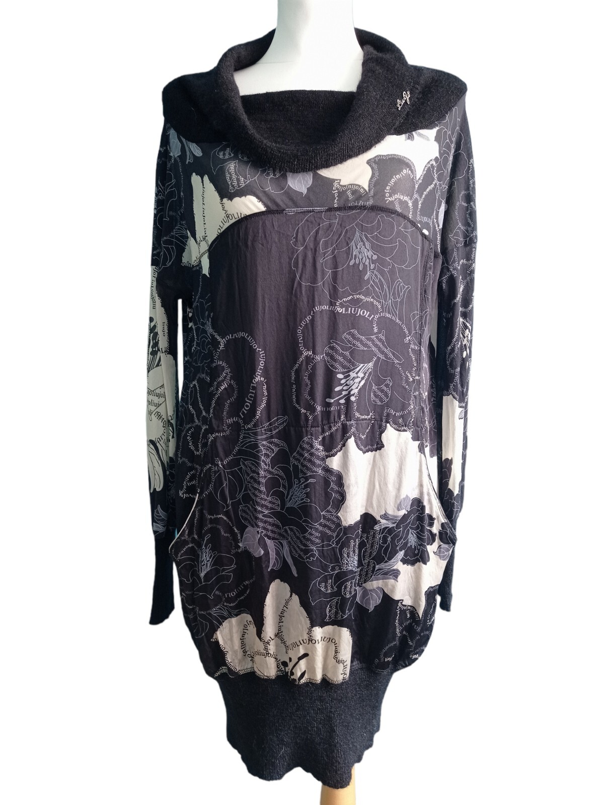 LIU JO Black Floral Tunic Dress M EU40 | Silk Mohair Italy Chic Boho Elegant