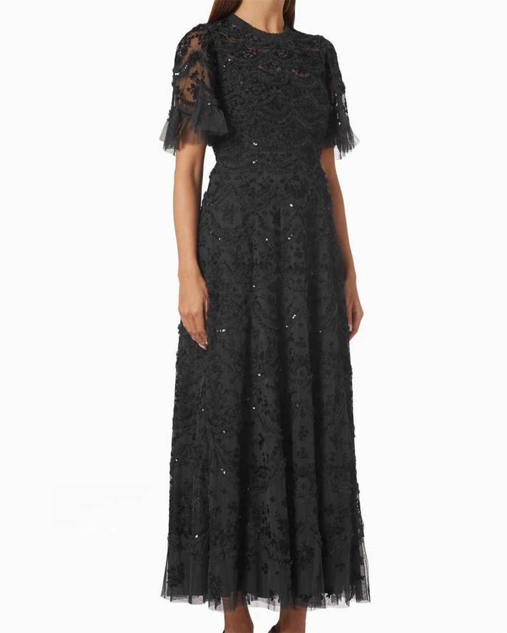 Casual Lace Applique Evening Gown with Sequins A-line High Neck Prom Ball Dress