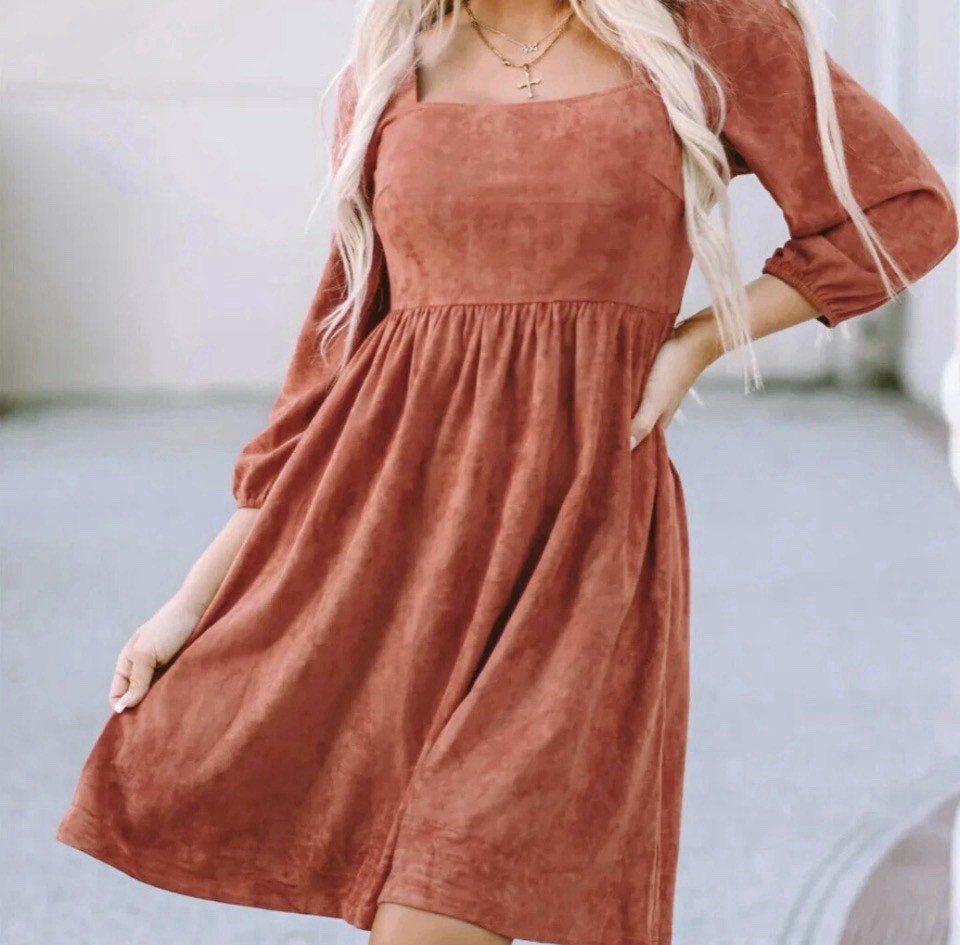 Bohemian Babydoll Dress Size Large Burnt Orange Suede Square Neck High Waist NWT