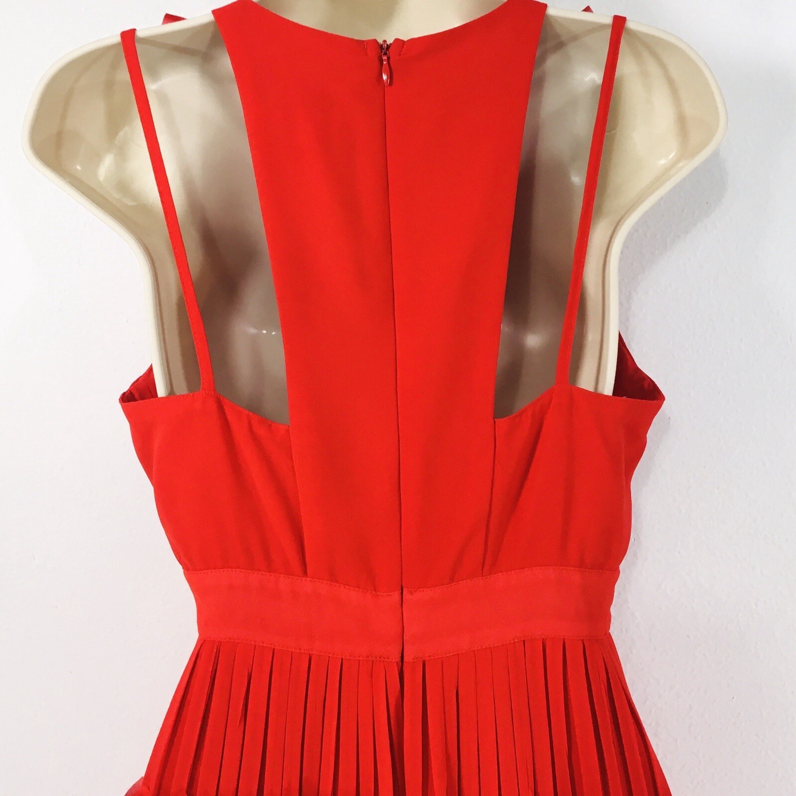 Foxiedox Red Pleated Ruffle Dress Sz S VNeck Zipper Lined Wedding Guest Party