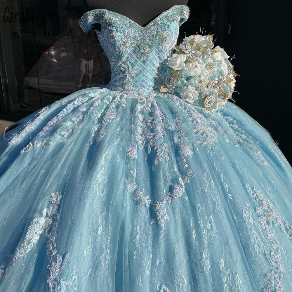Light Blue Sequin Lace Quinceanera Ball Gown Sparkly Tulle Sweet 16 Dress