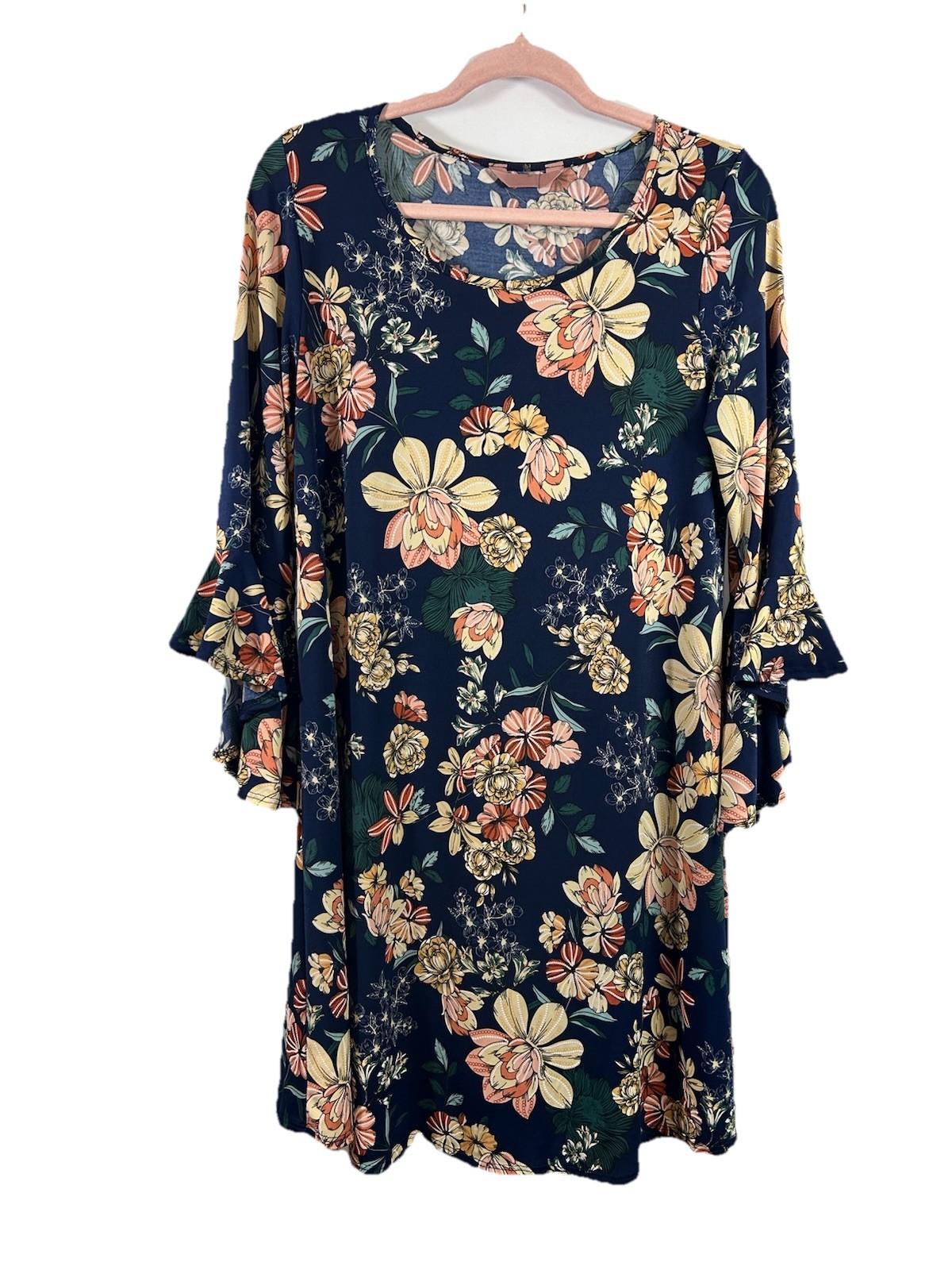 SJS Social Joy Floral Bell Sleeve Dress L Navy Boho Cottagecore Whimsigoth