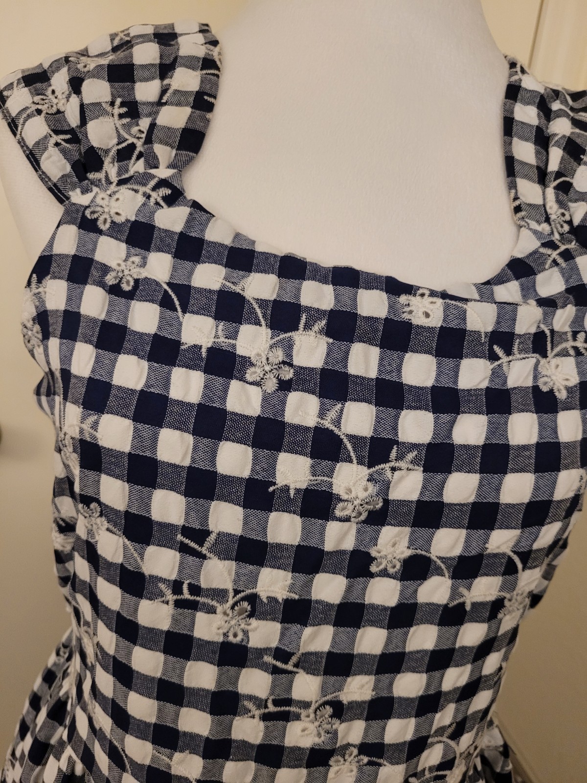Blueberi Boulevard Navy Gingham Embroidered Midi Dress Bow Back Cottagecore Med