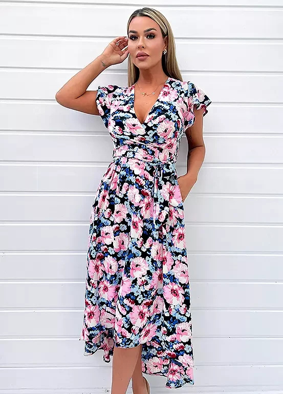 AX Paris Pink Floral Wrap Midi Dress – Size 8 – LB 3138