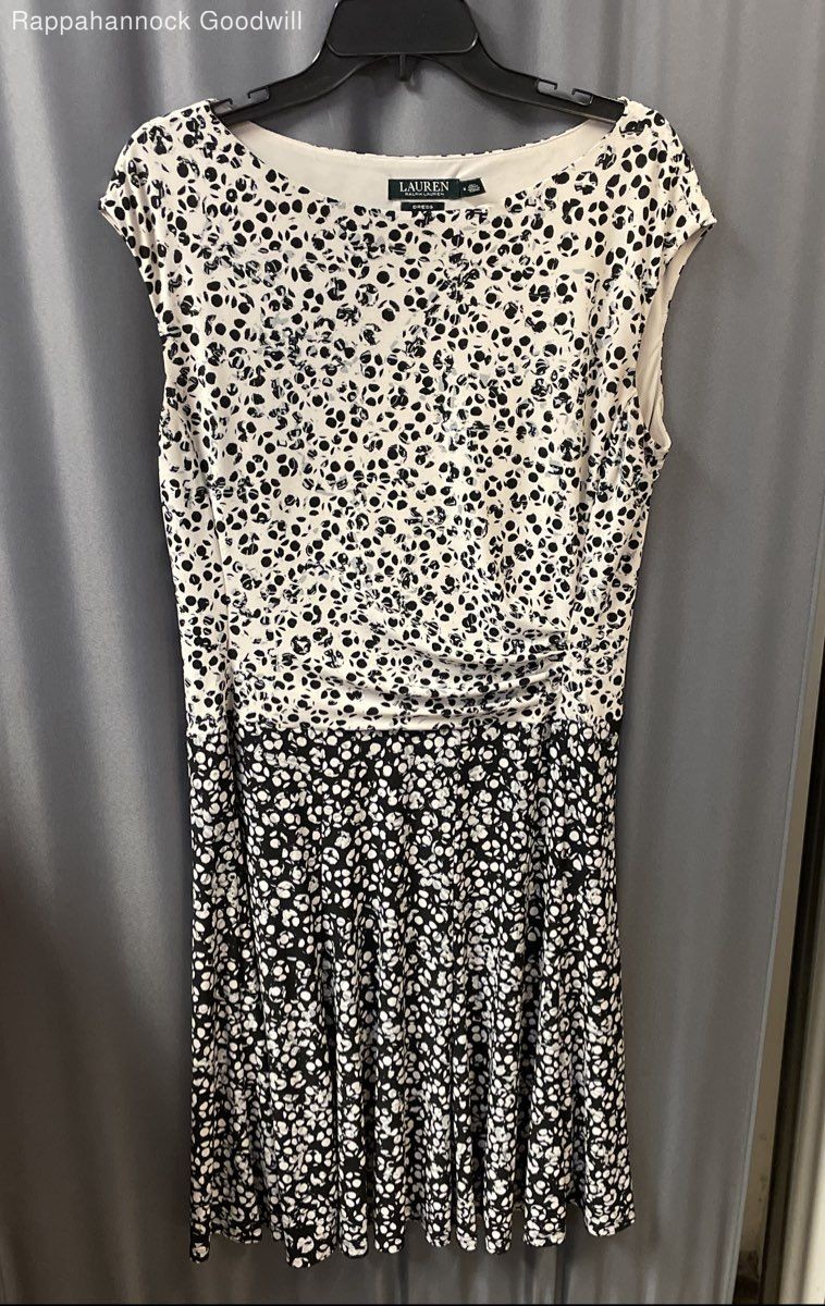 Lauren Ralph Lauren Women’s Black White Blue Floral Ruched Jersey Dress Sz 14