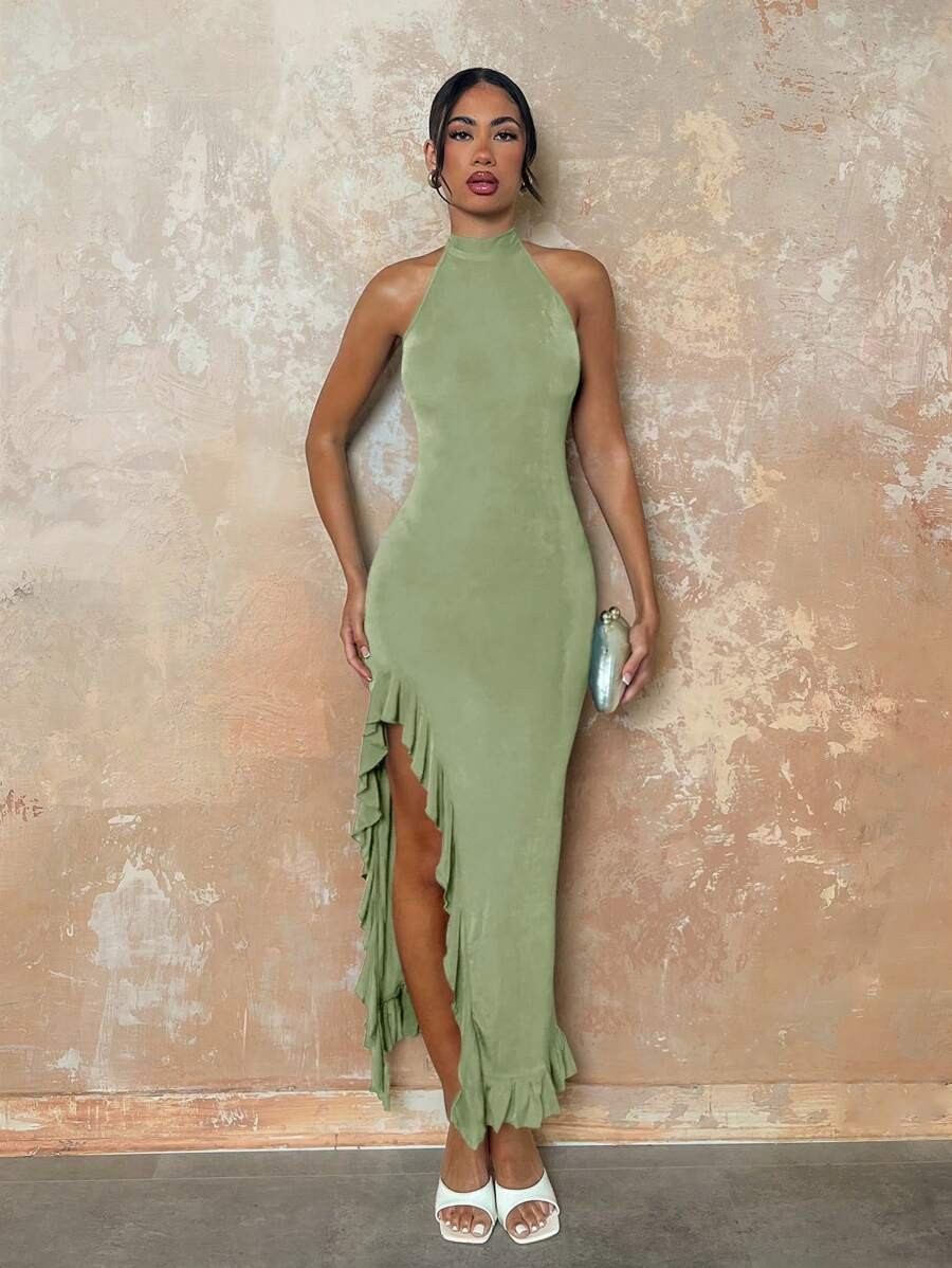Elegant Halter Maxi Dress Backless Ruffle Bodycon Split Thigh Party Gown