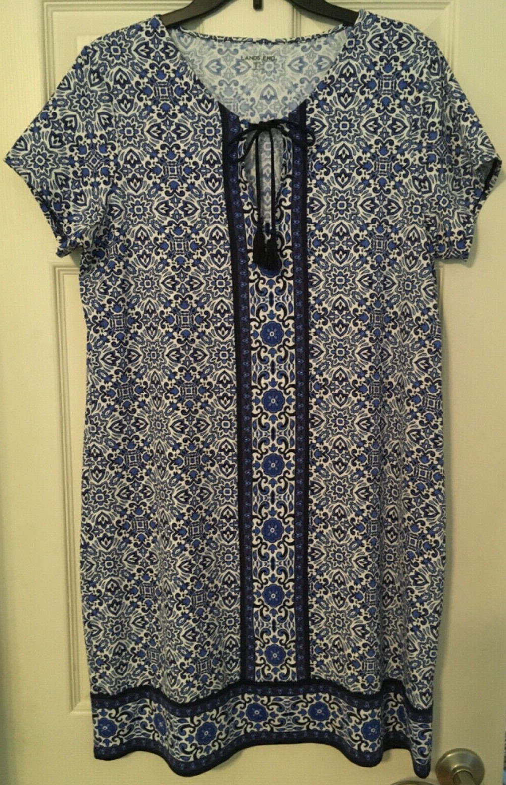 LANDS’ END Blue Floral Nylon Spandex Blend Short Sleeve Dress Women’s M/L 10/12