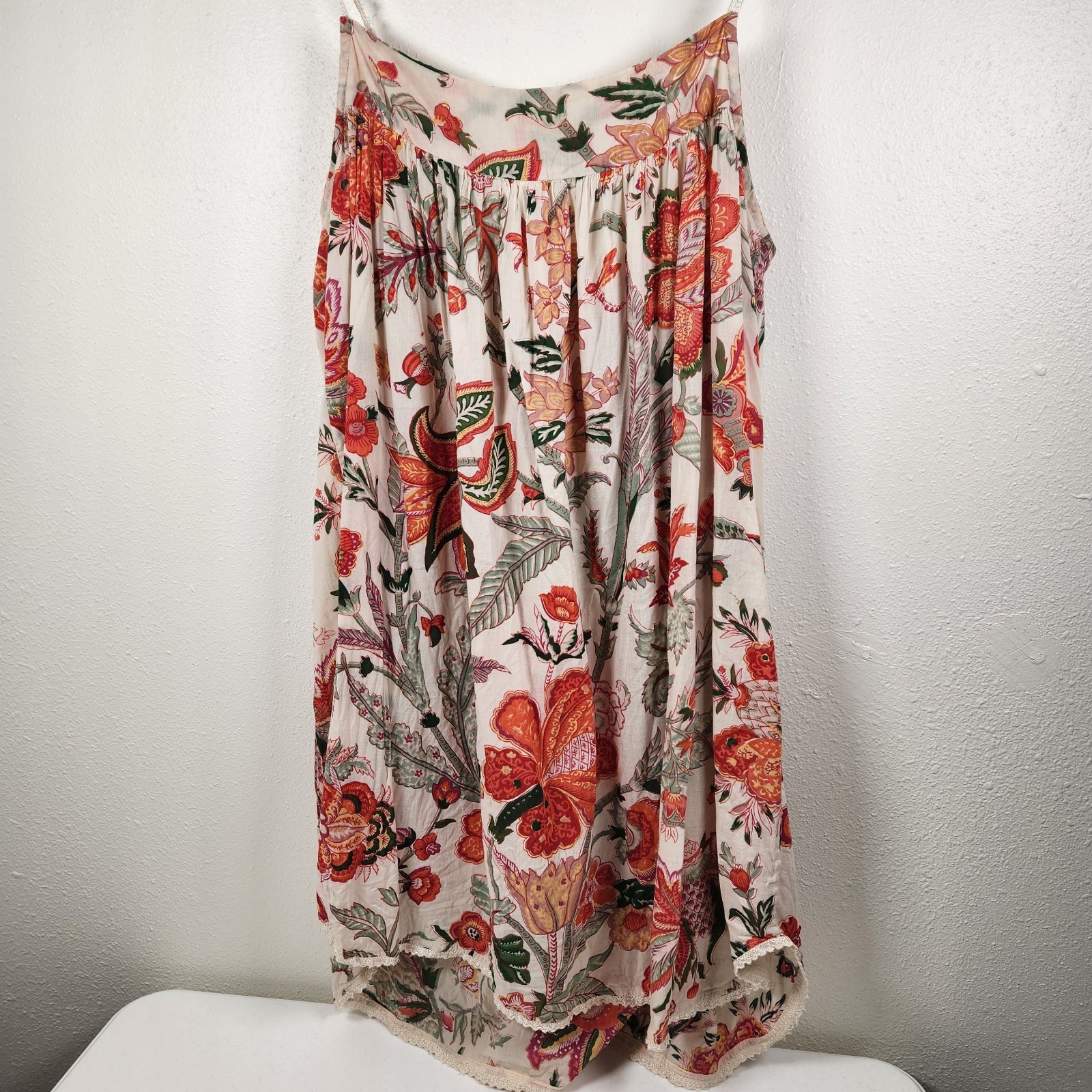 Handprint Dress Floral Patterned Boho Size L Beaded Lace Peasent Chic Whimsy