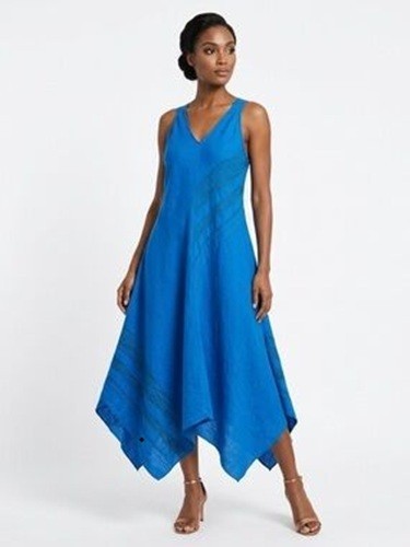 EILEEN FISHER Blue Irish Linen Embroidered Handkerchief Hem Midi Dress S = 6/8