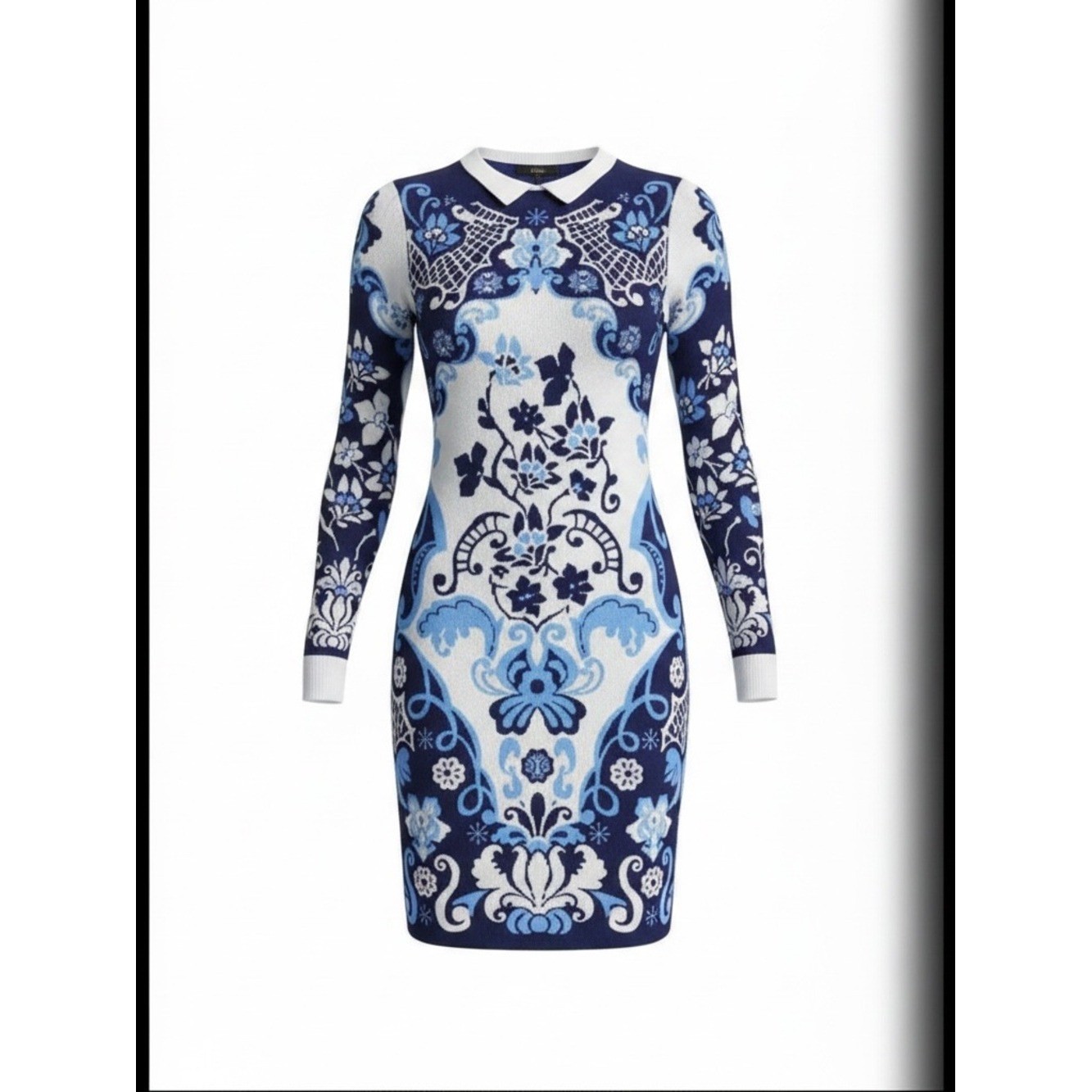 Cynthia Steffe Navy, Light Blue & White Floral Long Sleeve Bodycon Dress