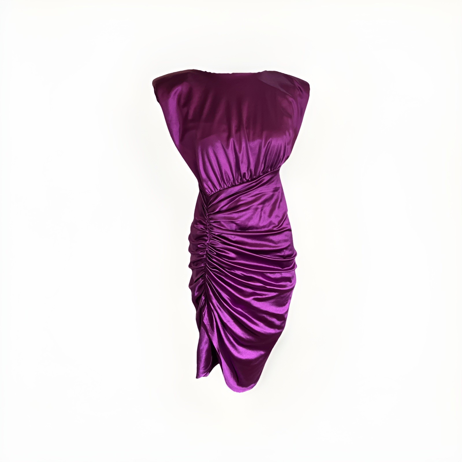 Purple Express Satin Padded Shoulder Ruched Asymmetrical Mini Dress Small
