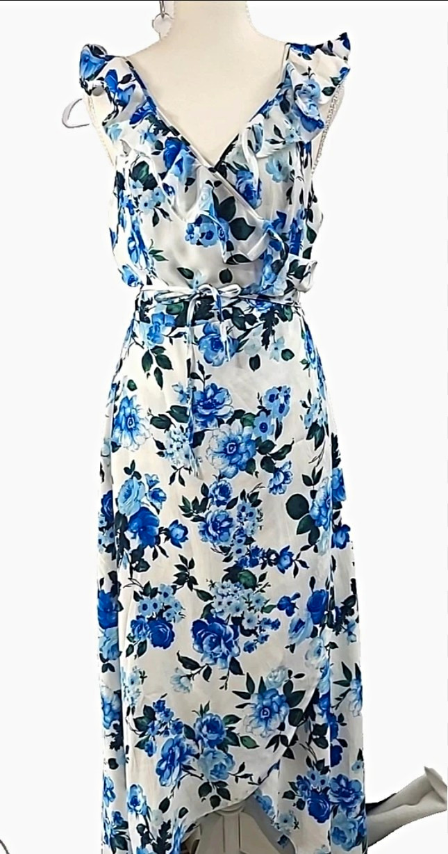 Lumiere Floral Wrap Midi Dress Ruffle V-Neck Lined White Blue Green S New