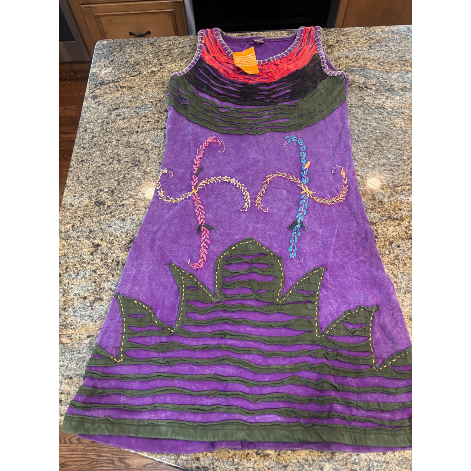 NWT KPC Handmade Purple Acid Wash Embroidered Ruffle Sleeveless Dress XL Nepal