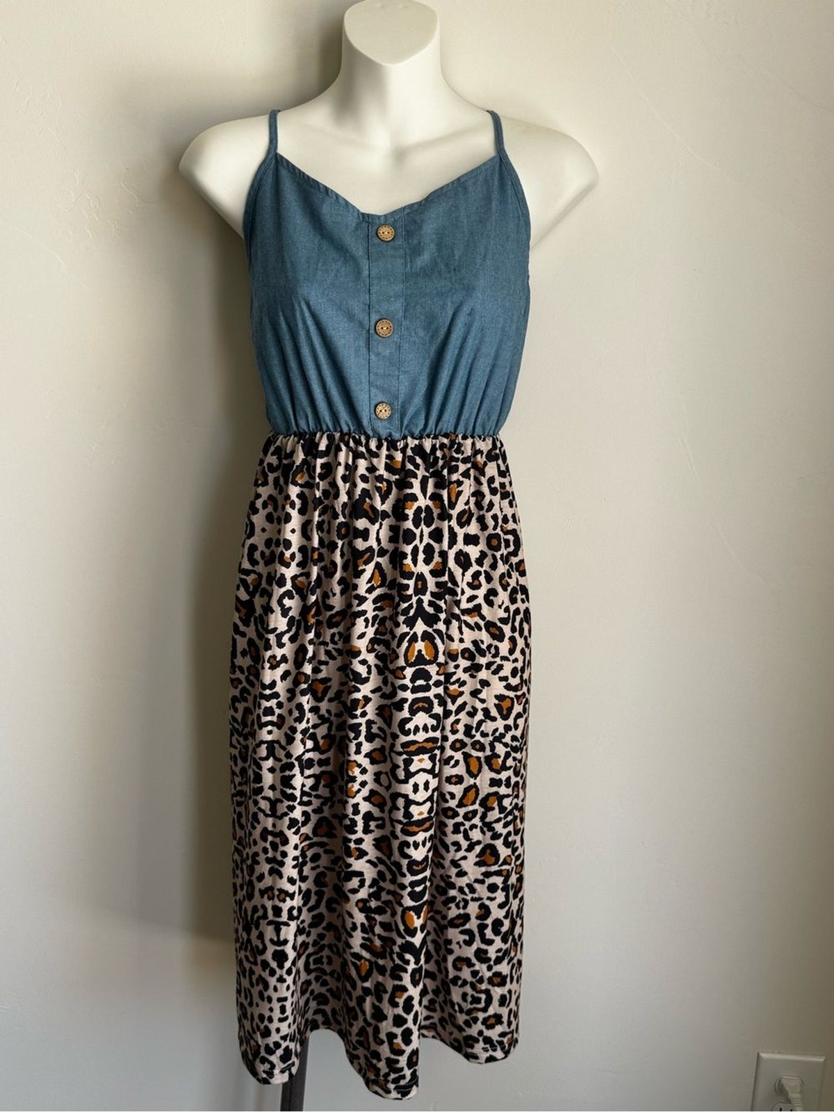 Blue Chambray & Leopard Print Midi Dress