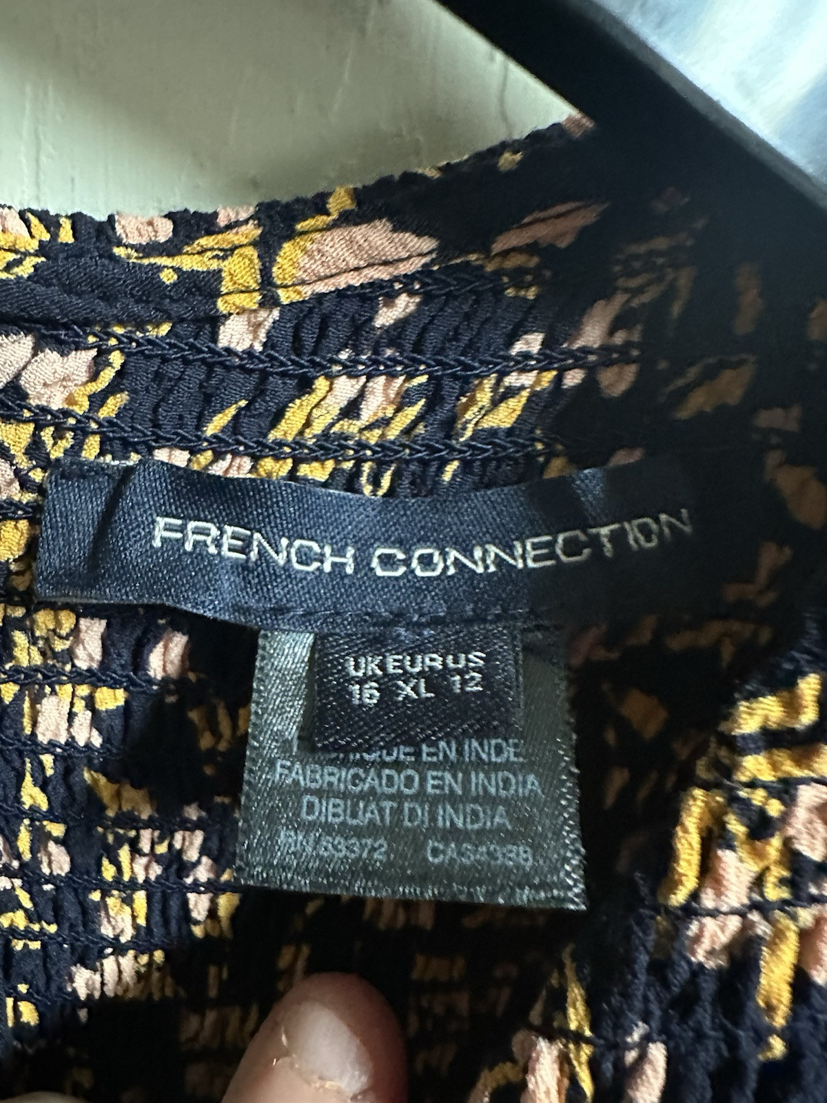 French Connection Floral Smocked Dress Tunic Black Gold Pink Baby Doll XL 16