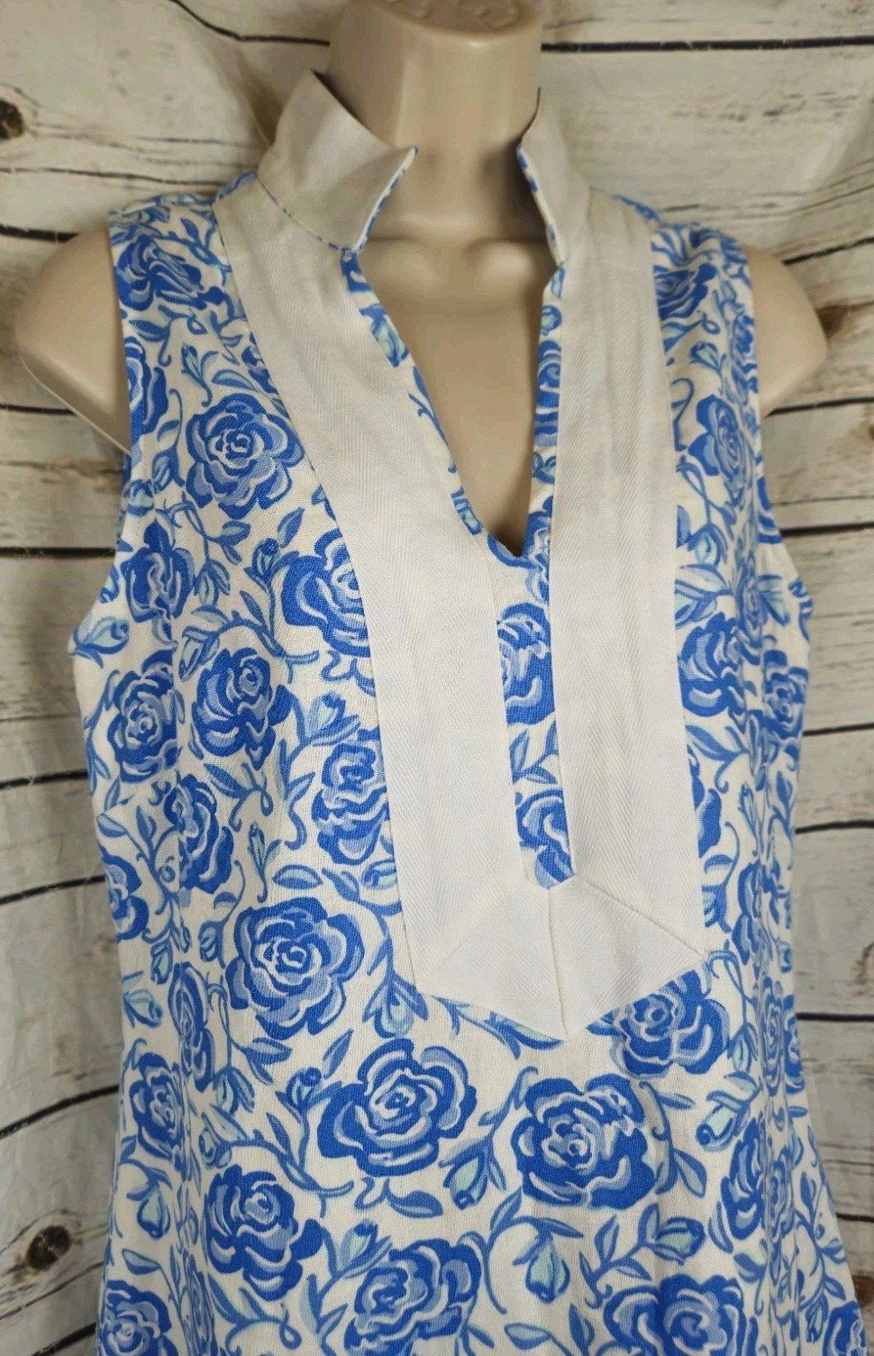 Sail to Sable Blue Floral Shift Dress S Linen Blend Sleeveless