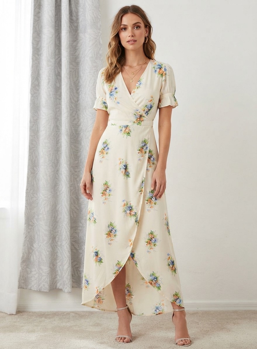 Madewell Cream Wrap Maxi Dress with Blue & Yellow Floral Print Vacation Casual