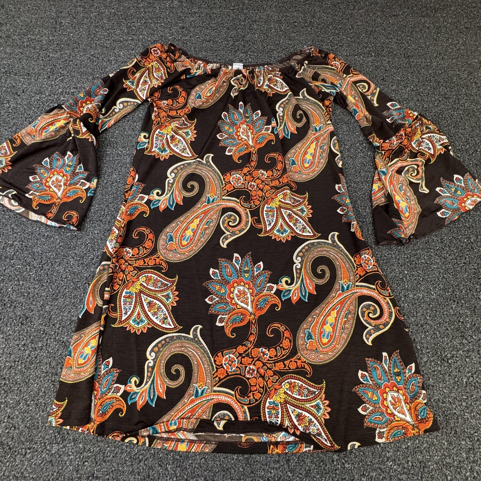 B Together Dress Womens M Brown Off Shoulder Shift 3/4 Bell Sleeve Ruched