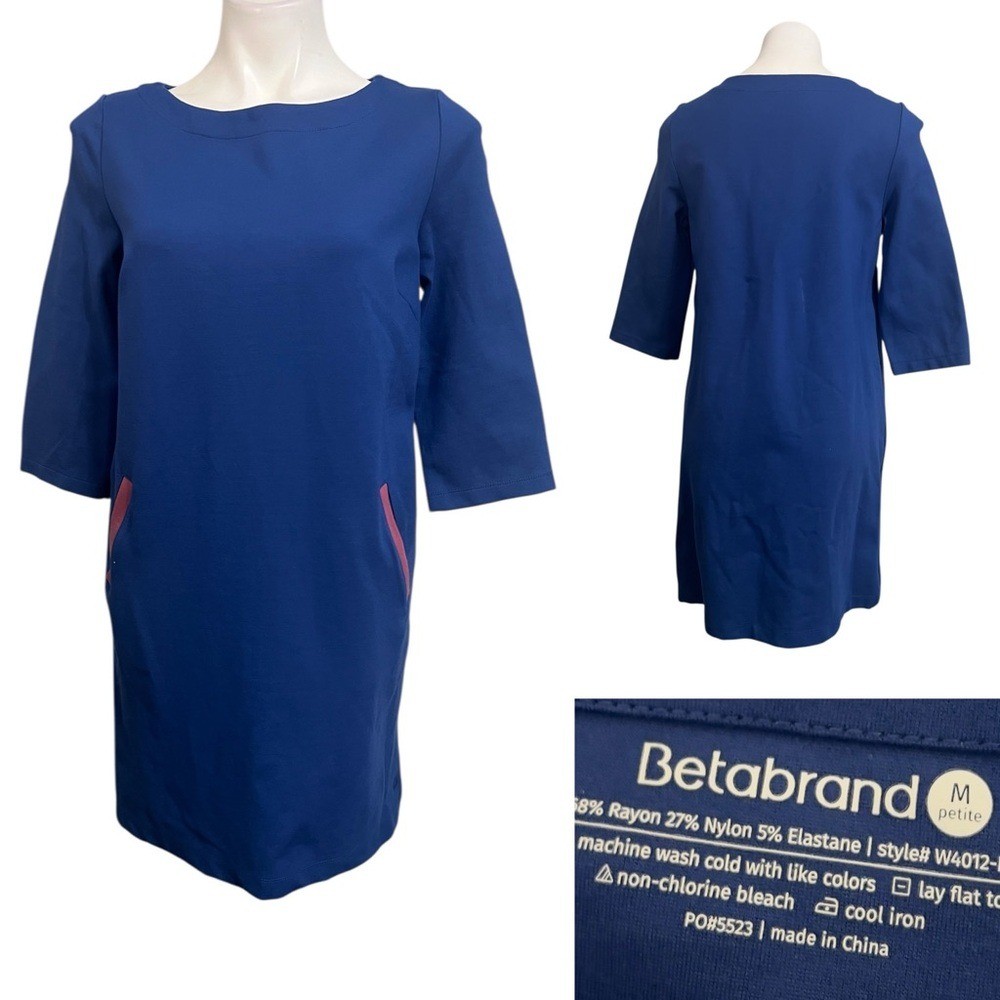 Betabrand Half Day Shift Dress Sz Med blue w/ mauve pocket trim casual office