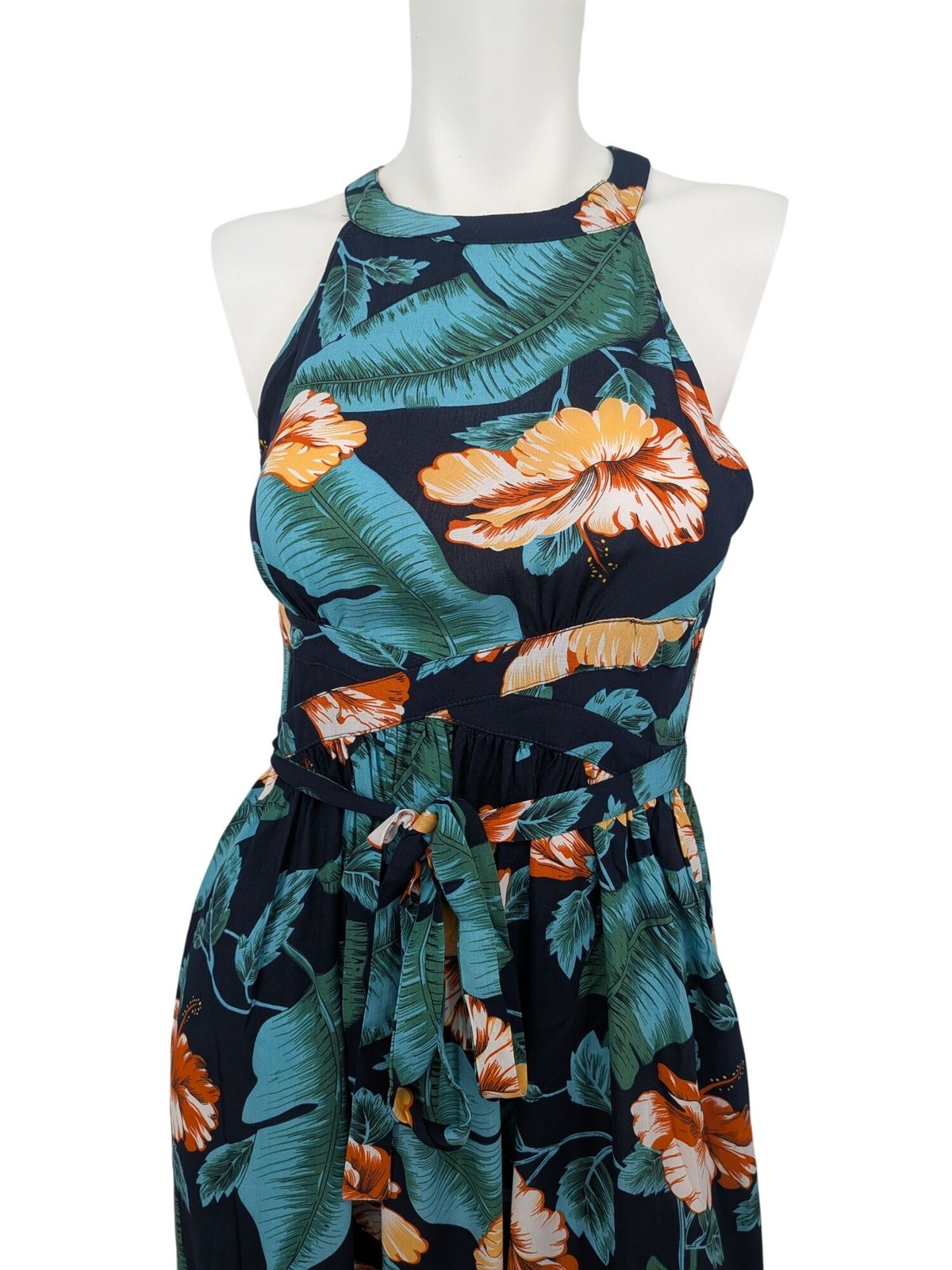 Floral Halter Maxi Dress Romantic Tropical Coastal Resort Open Back Boho Size XS