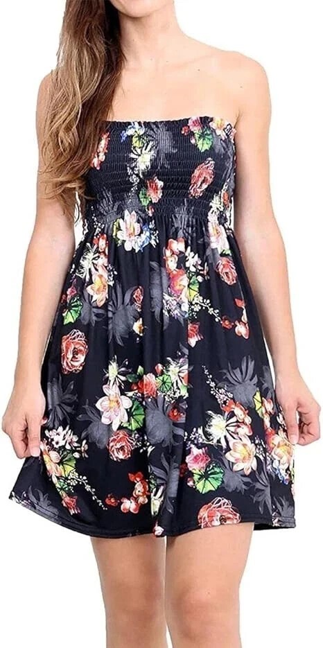 Ladies Summer Boho Boobtube Bandeau Short Strapless Printed Top Dress Plus Size