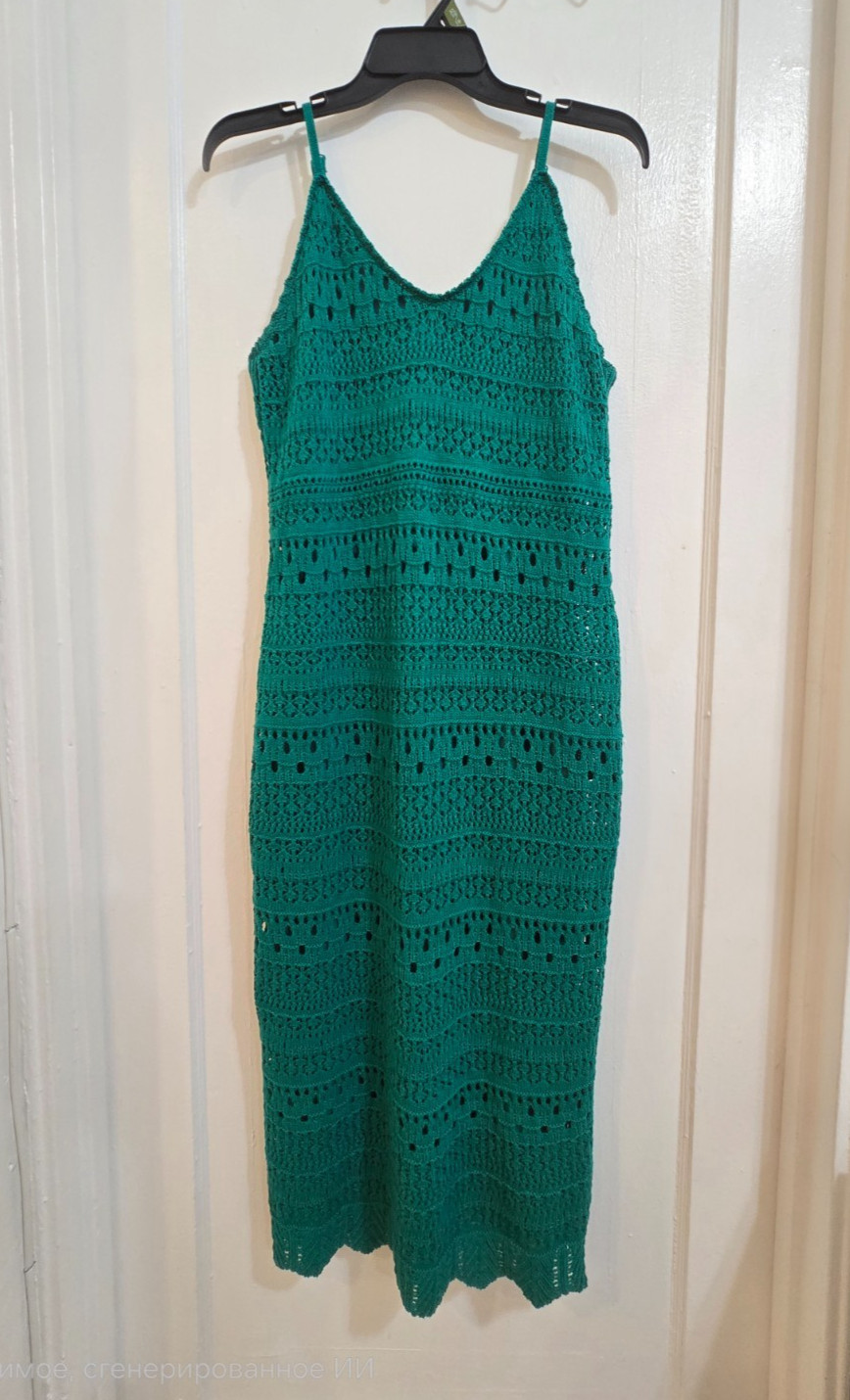 Freshman 1996 Emerald Green Crochet Midi Dress XL Bodycon V-Neck Strappy Lined