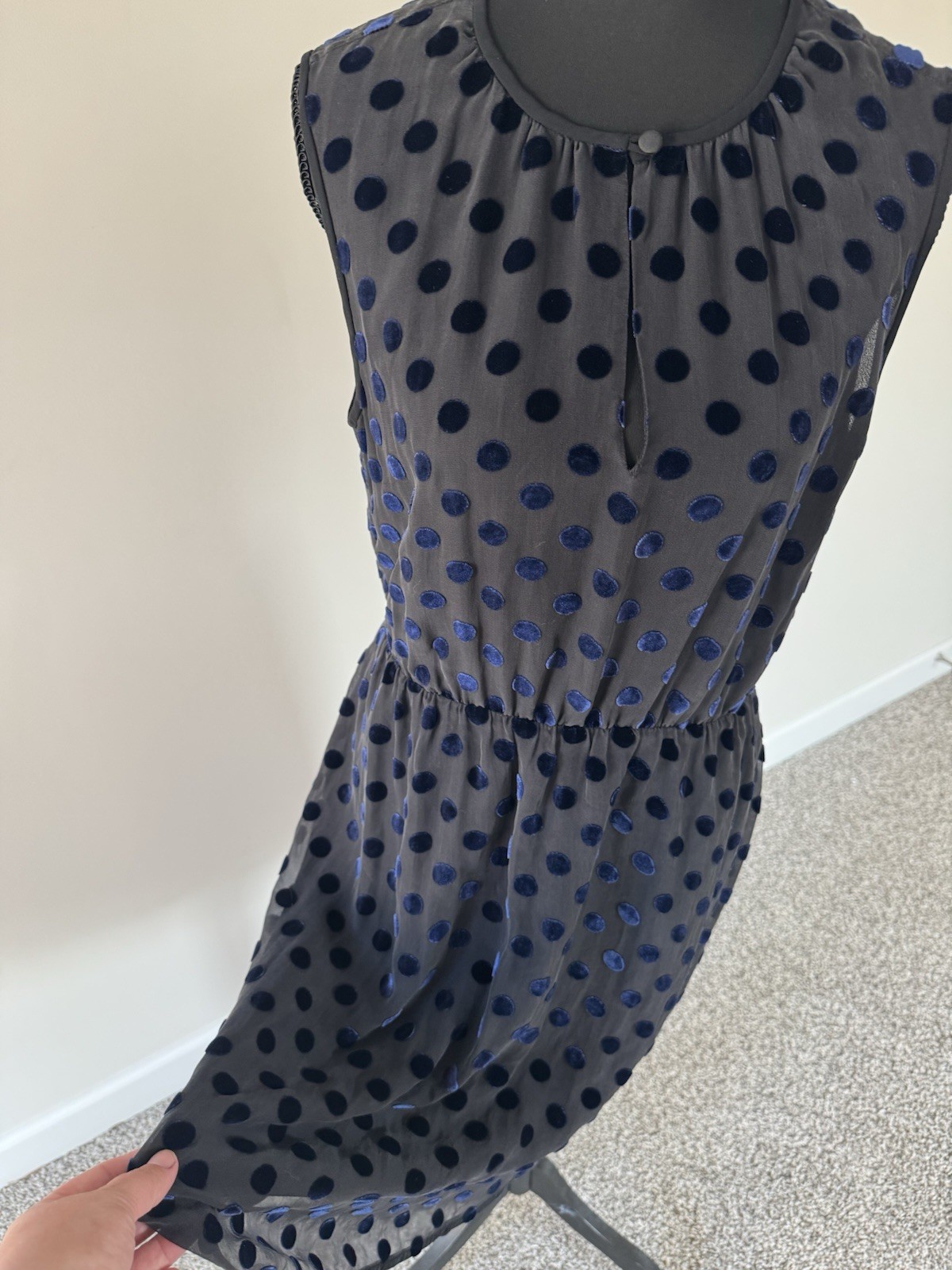J.Crew Silk Blend Navy Blue Velvet Polka Dot Sleeveless Dress Size M