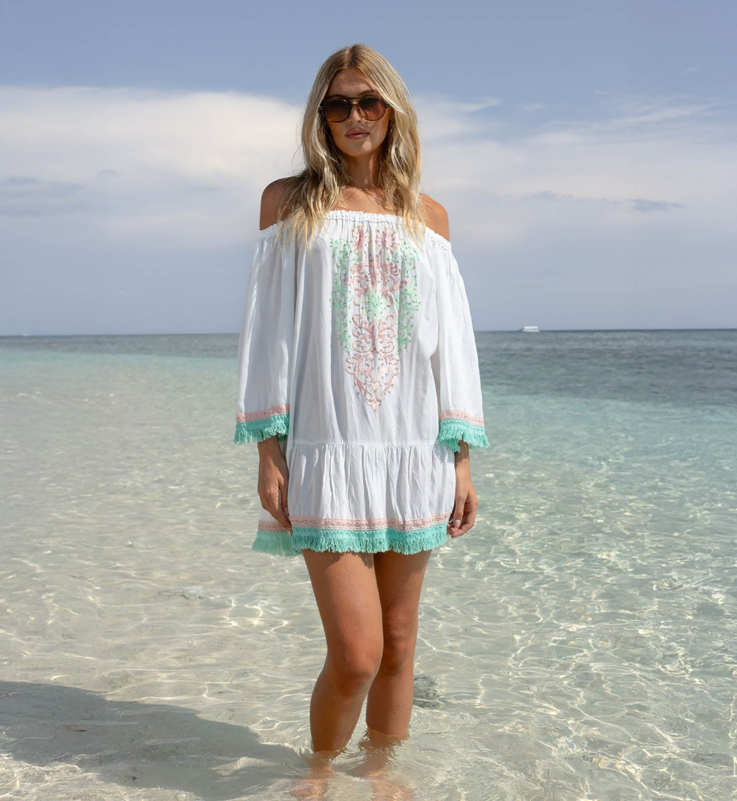 Miss June Azra One Size White Boho Dress Neon Embroidered Fringe Sequins OSFM