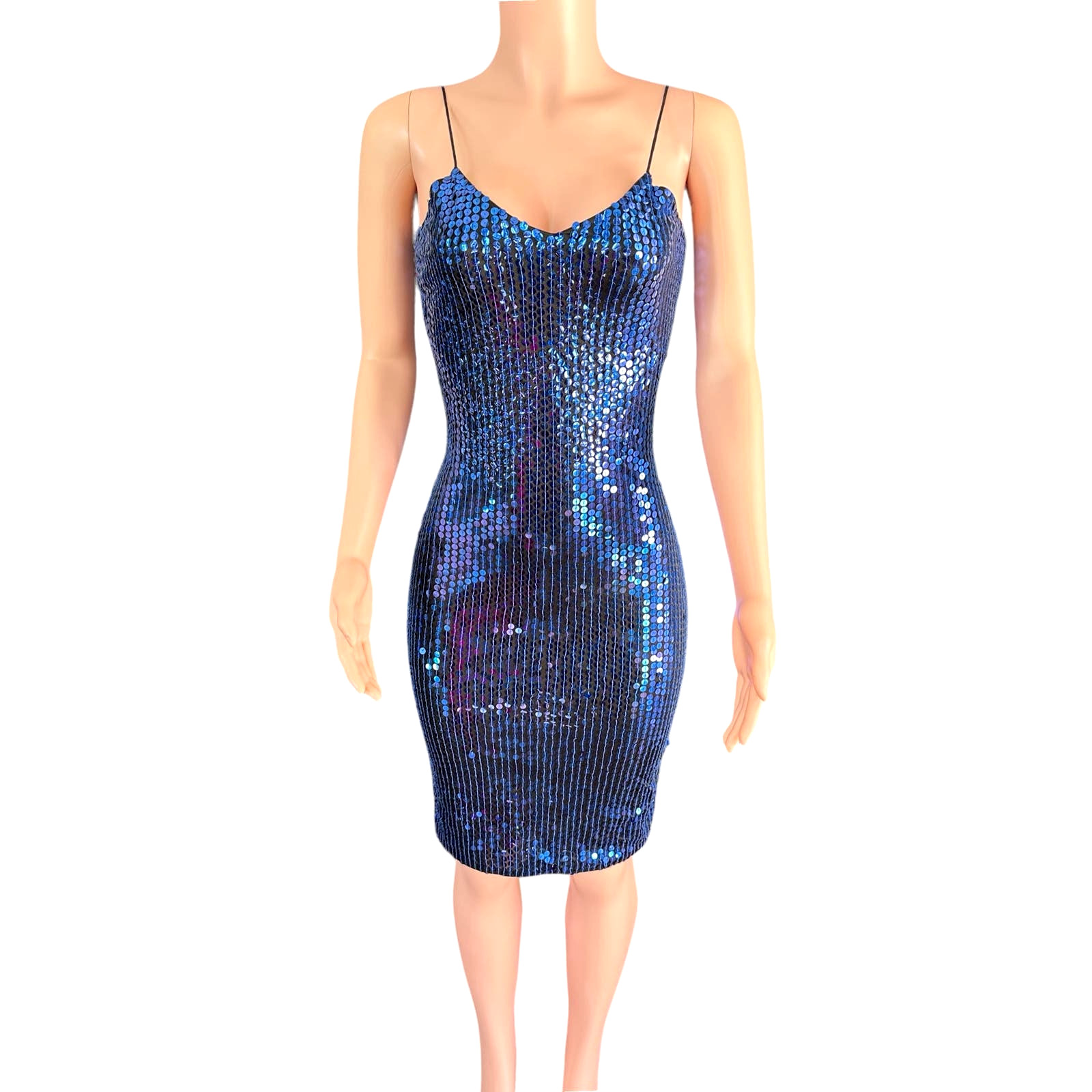 Vintage 80s Sho Max Originals Blue Sequin Bodycon Dress Fitted Sheath Size Small