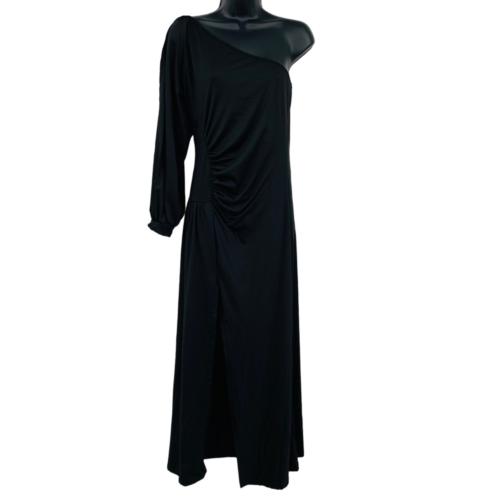 New CBR One Sleeve Maxi Dress Size M Side Slit Black Cold Shoulder Ruched