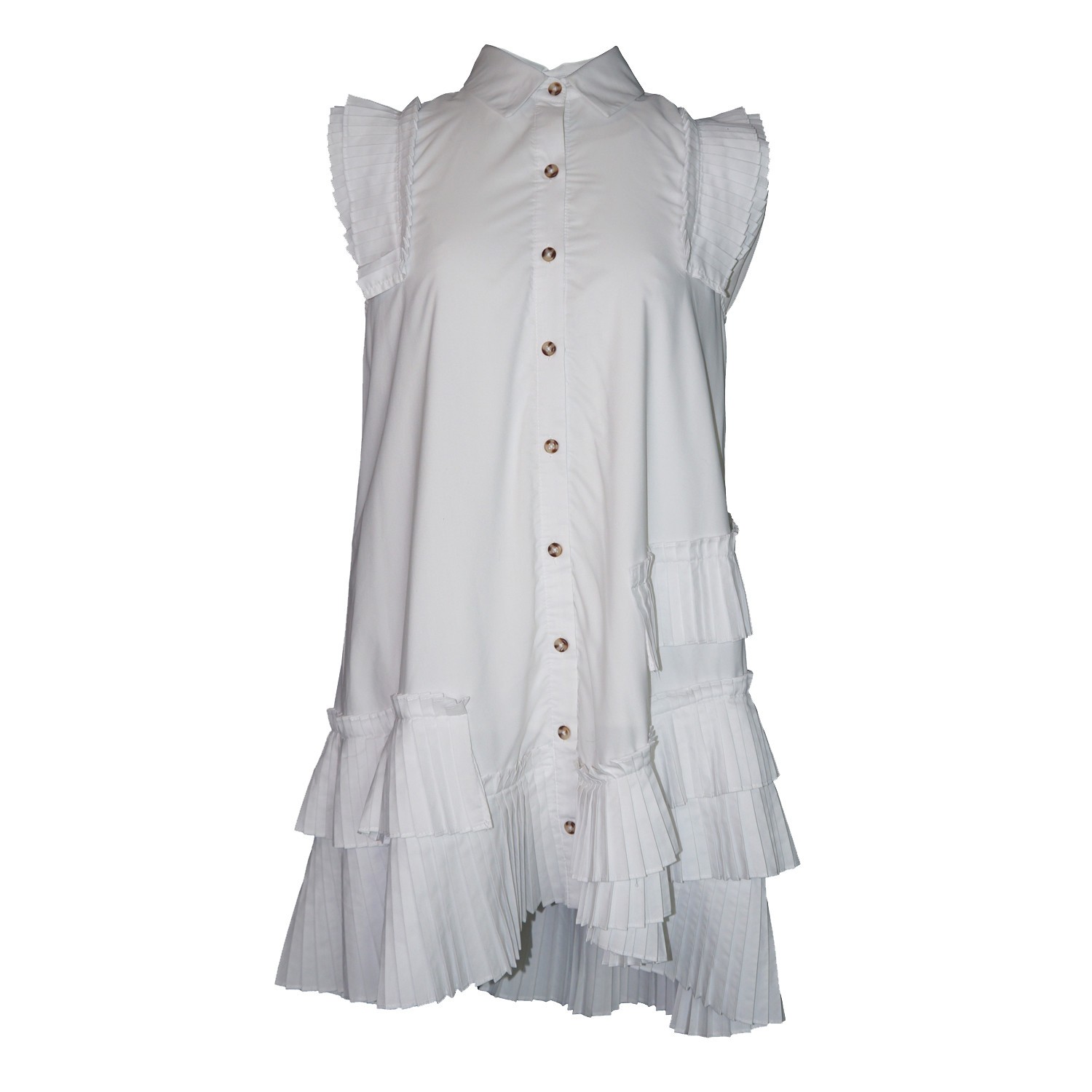 By ANTHROPOLOGIE White Pleated Button Front Ruffle Sleeveless Shirt Dress PS