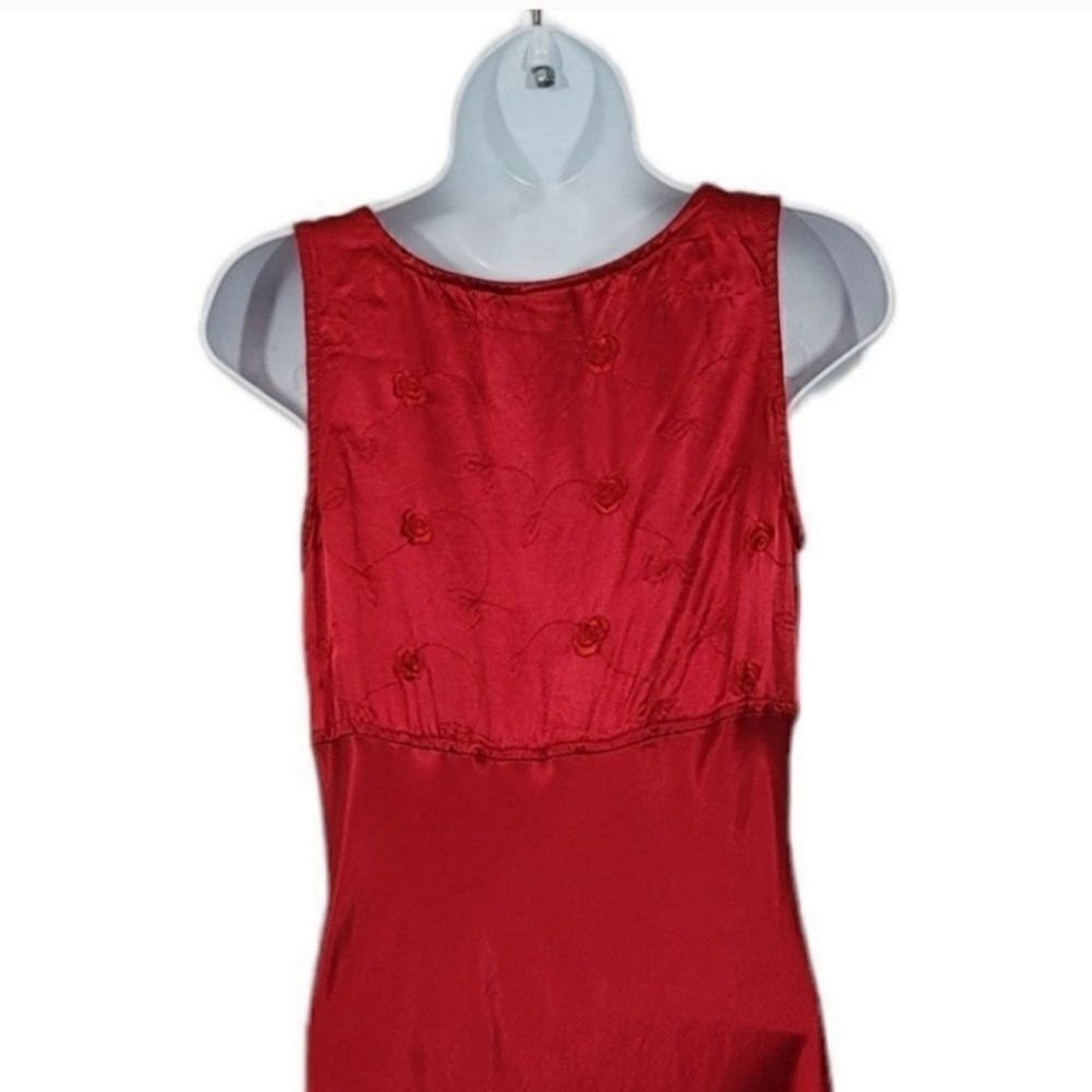 Vintage 90’s Maurices Red Embroidered Satin Slip Midi Dress Modern Size Small
