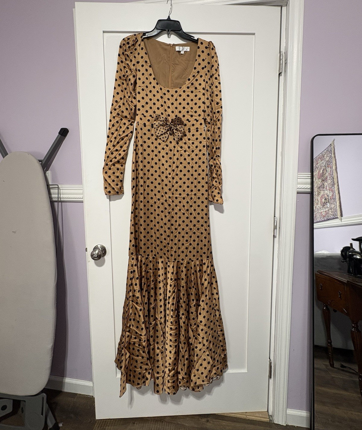 Caroline Constas Tan/Black Polka Dot Satin Maxi Dress Long Sleeve Bow Ruffle S