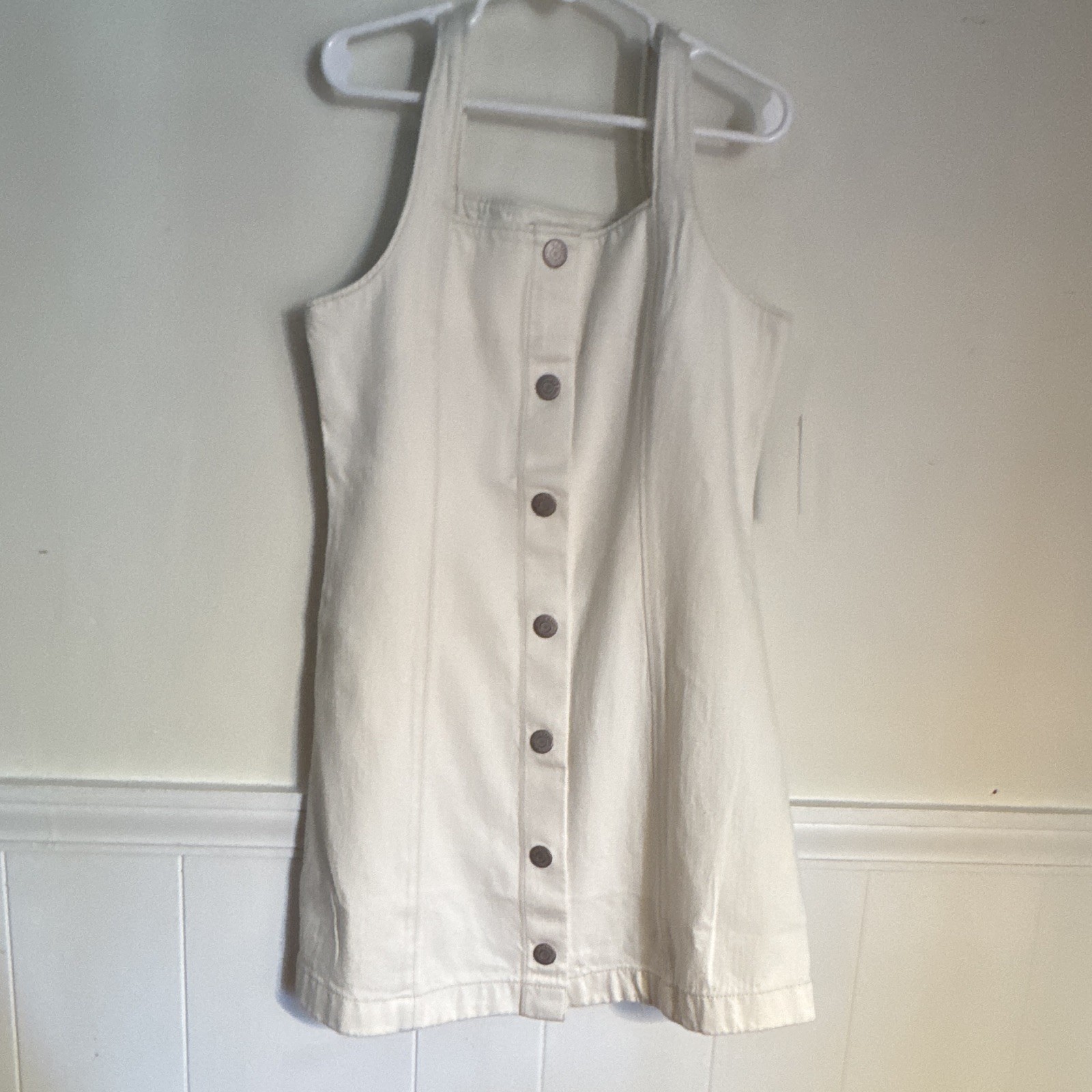 Old Navy White Cotton Denim Button-Front Square Neck Mini Dress Pockets M