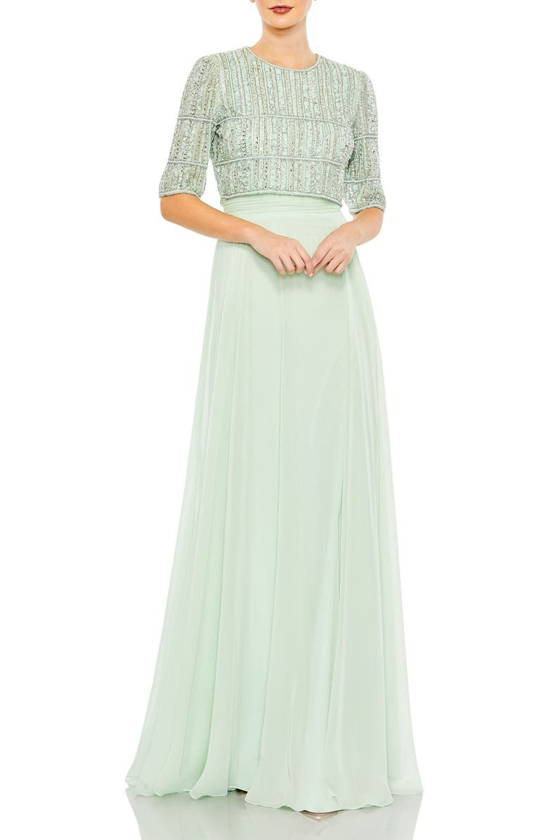 Mac Duggal 9180 Fully Beaded 3/4 Sleeves Top Chiffon Gown- Size 12 (LK#1146 A)