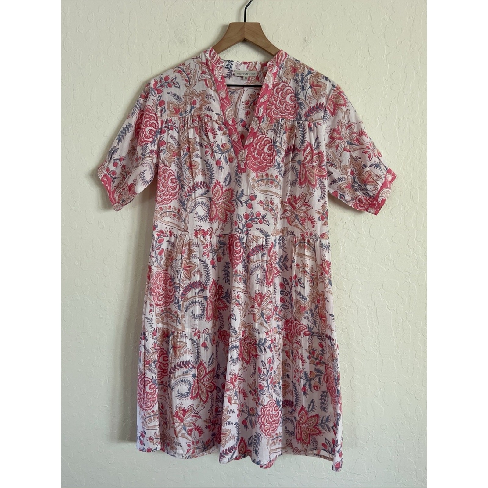 Fitzroy & Willa 100% Cotton Popover Tiered Mini Dress XS Pink Paisley Floral
