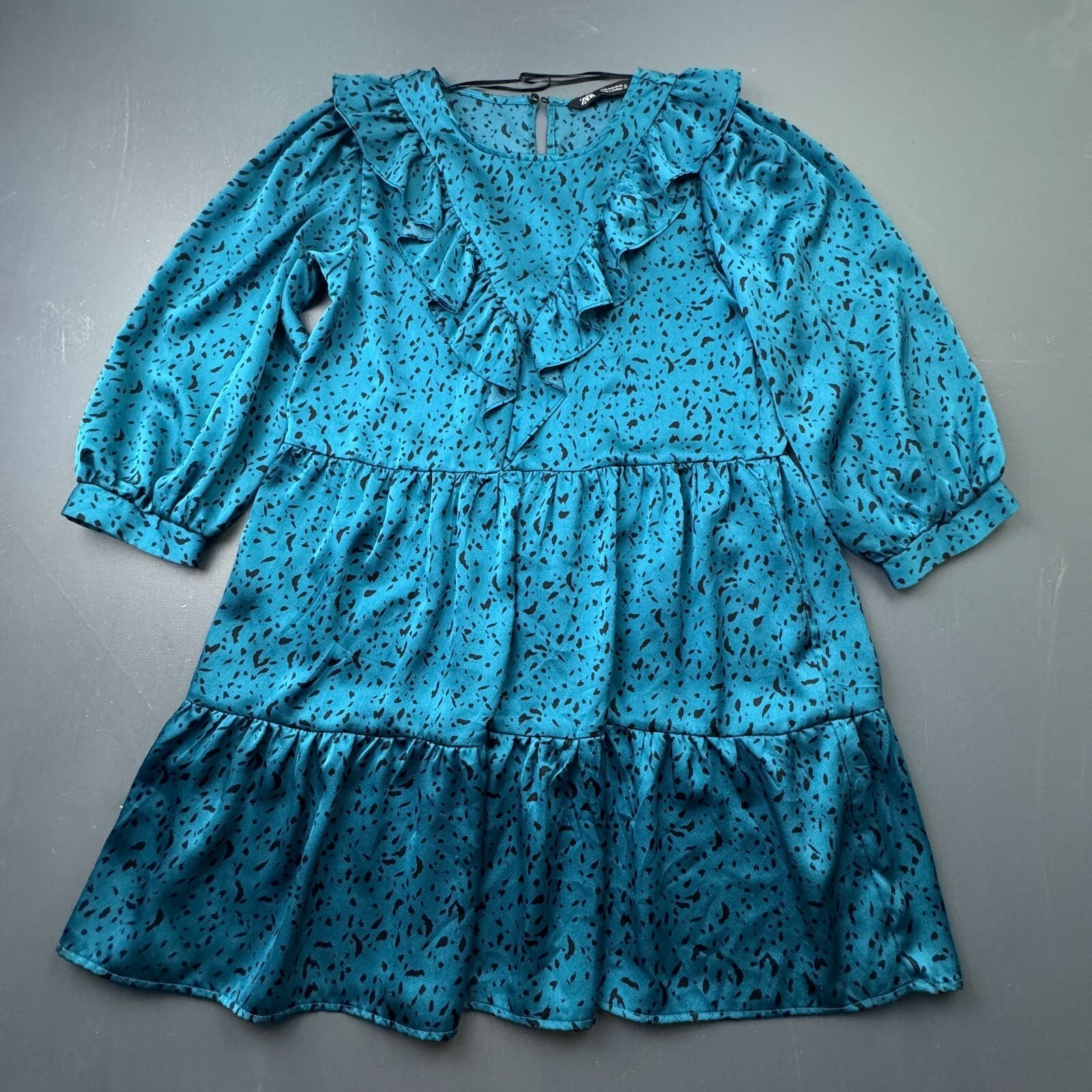 Zara Women’s Small Teal Black Print Shirt Dress Mini Boho Long Sleeve Classic