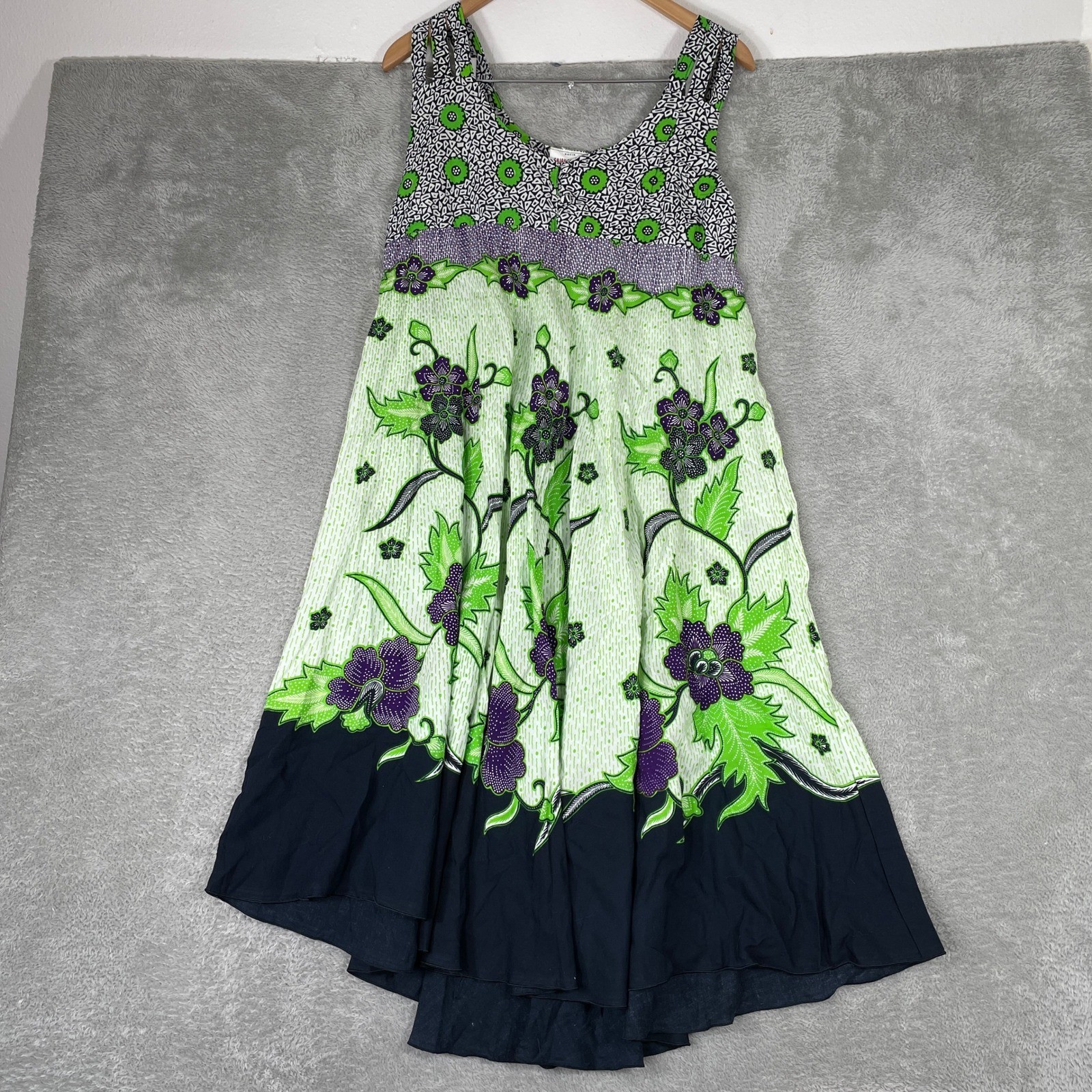 Gajah Tunggal Batik Dress Womens Large Green Floral Mixed Print Boho Art to Wear