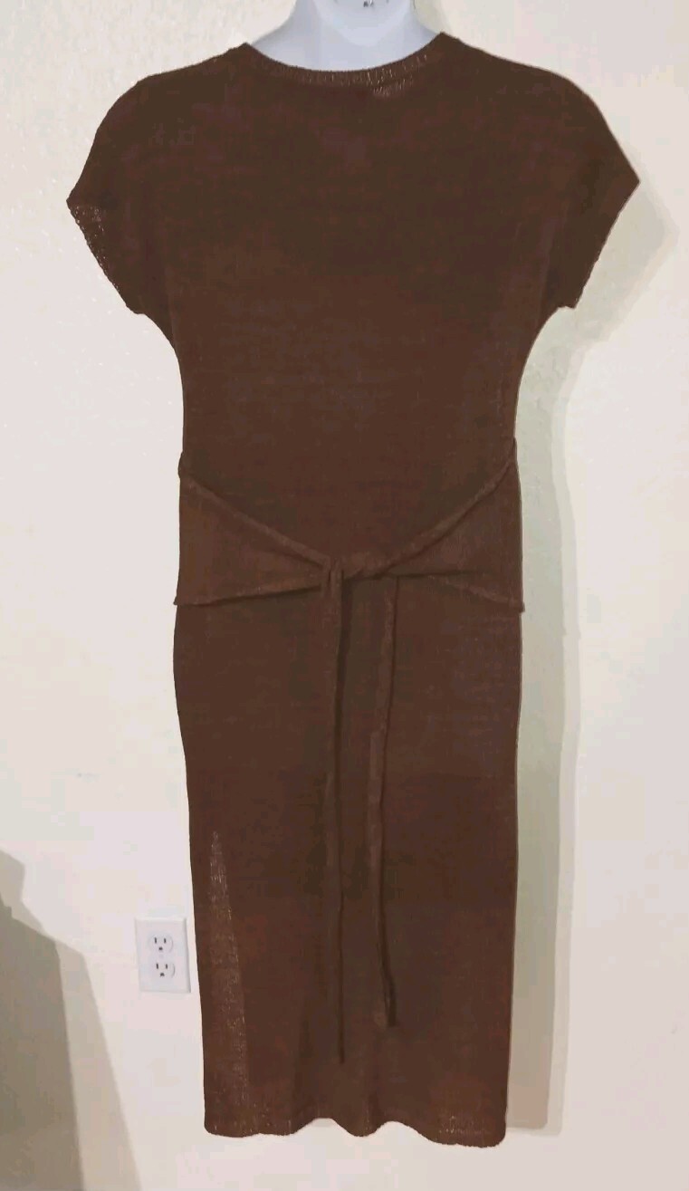 By The River*Brown Sweater Knit Midi LengthDress*Size L*Side Split*Round Nk*Belt